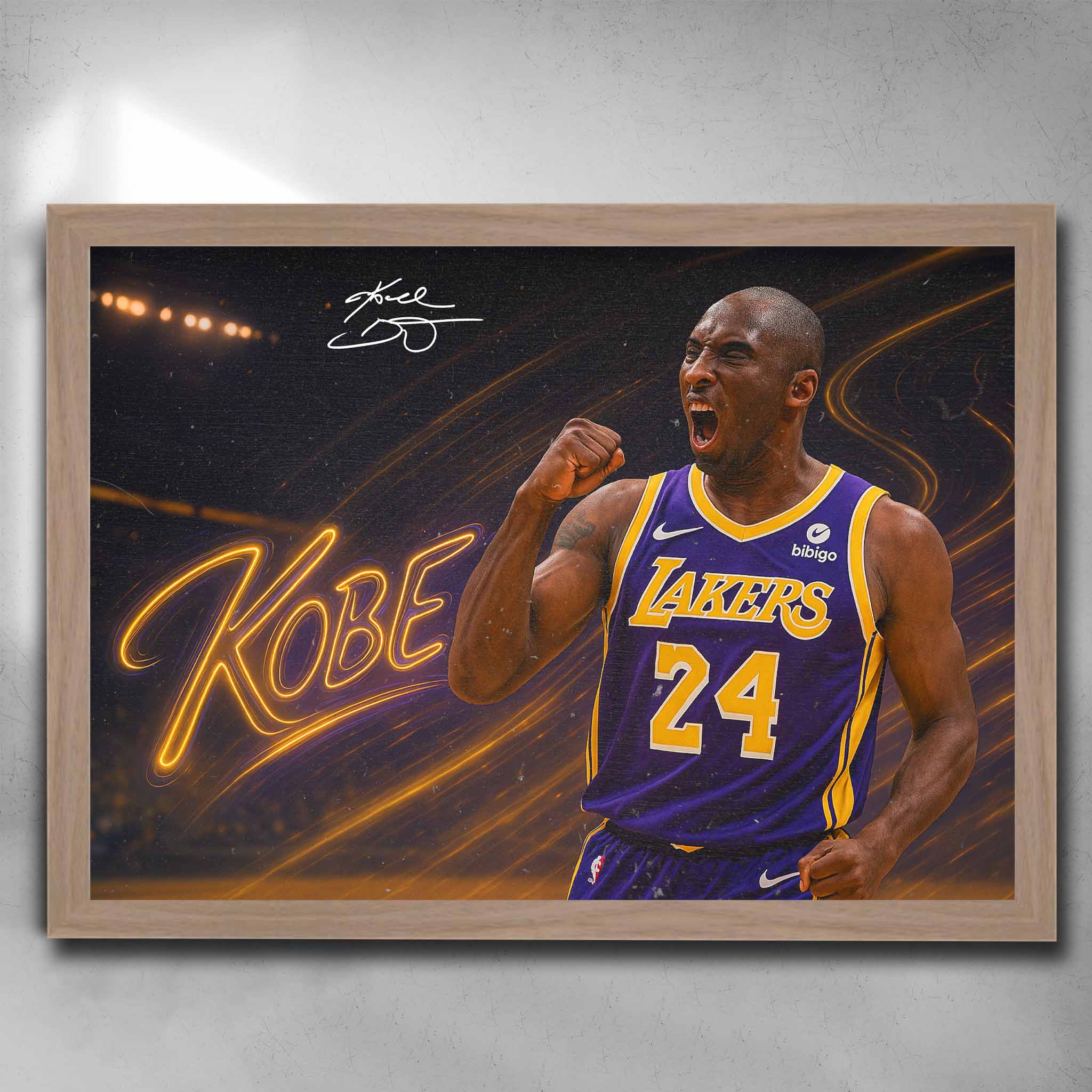 Oak framed NBA Art featuring Kobe Bryant from the Las Angeles Lakers - Artwork by Sports Cave.