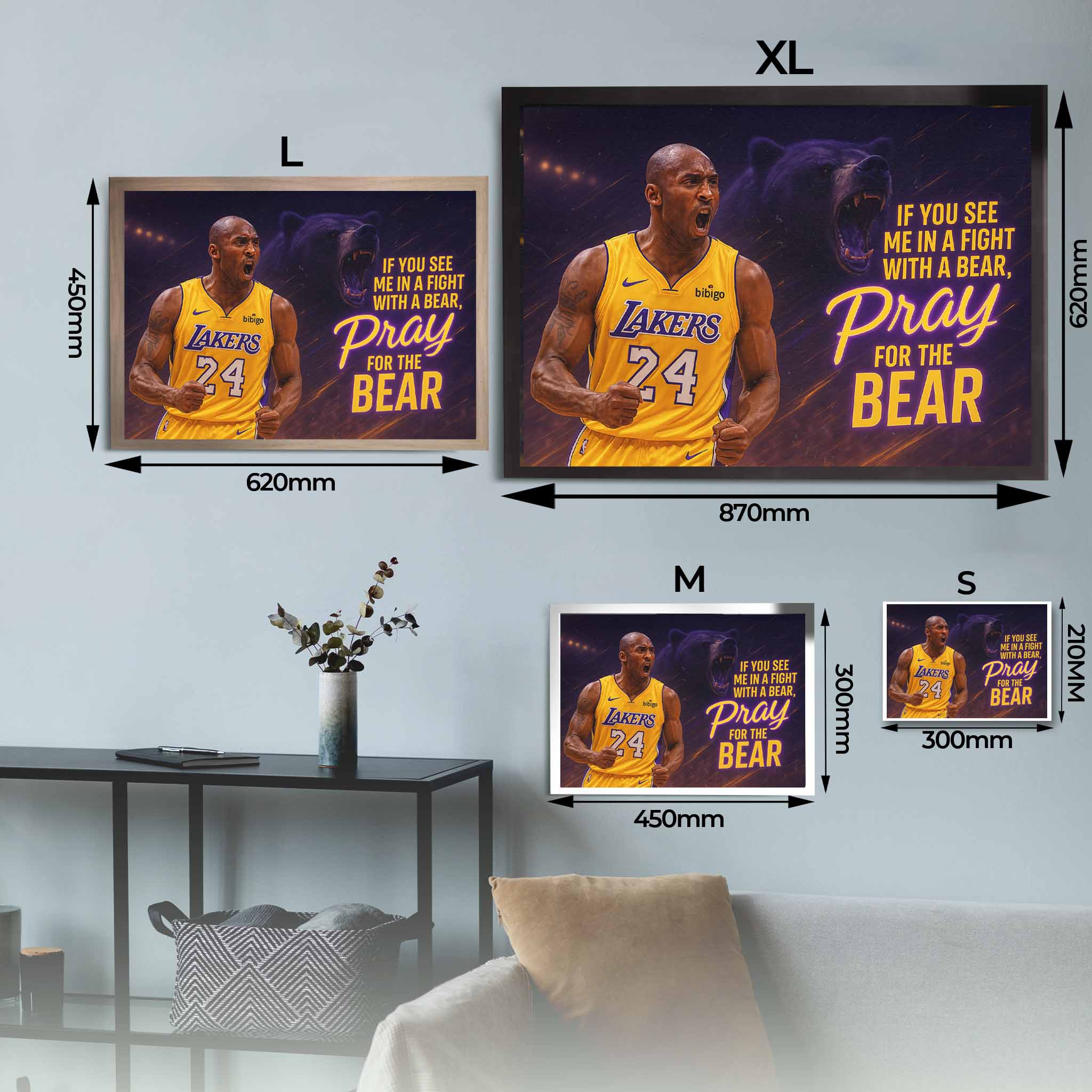 Kobe Bryant Bear Fight Motivation Framed Art Sizing Guide.