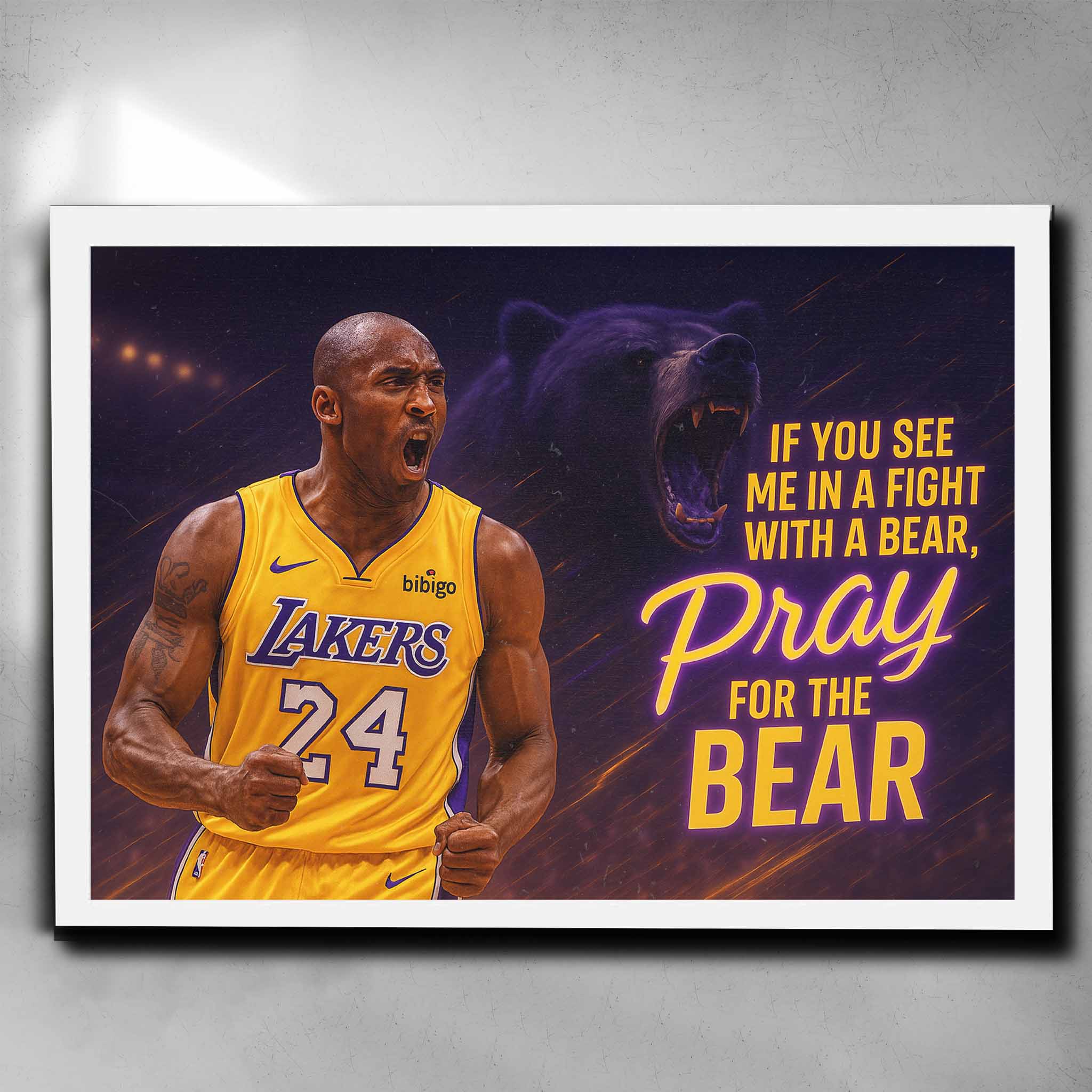 White framed motivational art by Sports Cave featuring Kobe Bryant with the Mamba mentality quote "If you see me in a fight with a bear, pray for the bear".