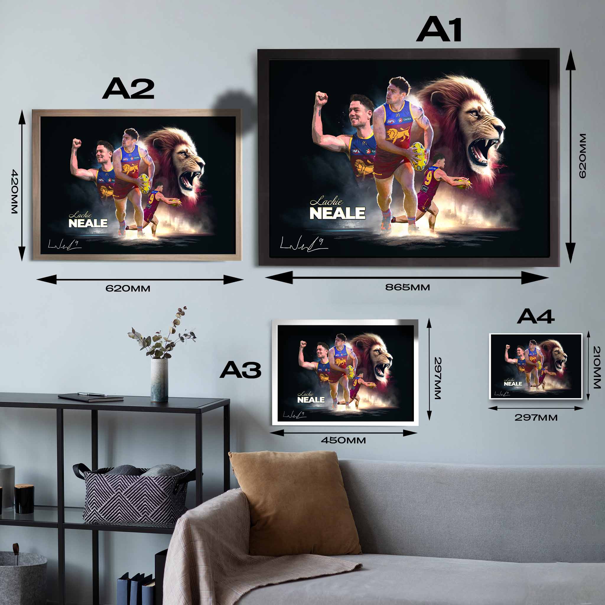 Framed Lachie Neale Art Sizing Guide.