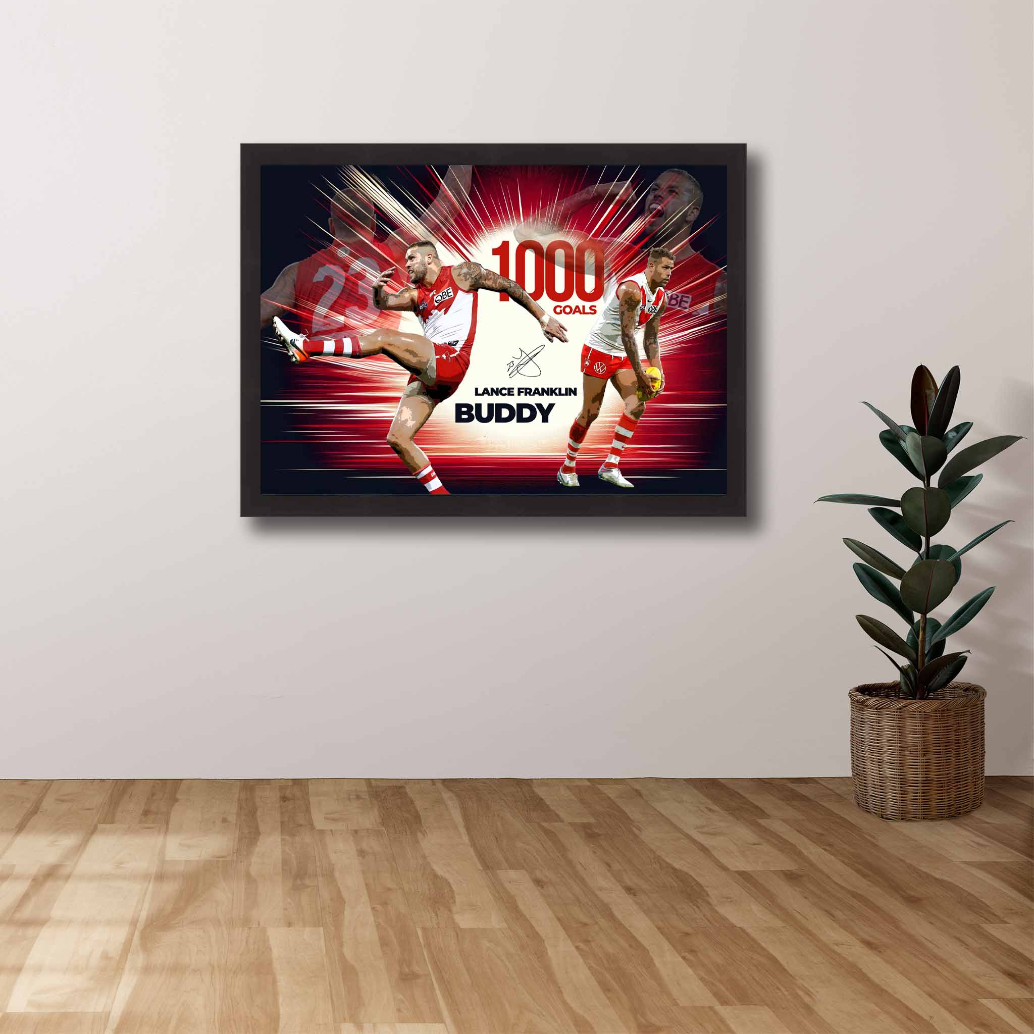 Sydney Swans Die-hard Supporters House, featuring a framed print of Lance Franklin showcased on the wall.