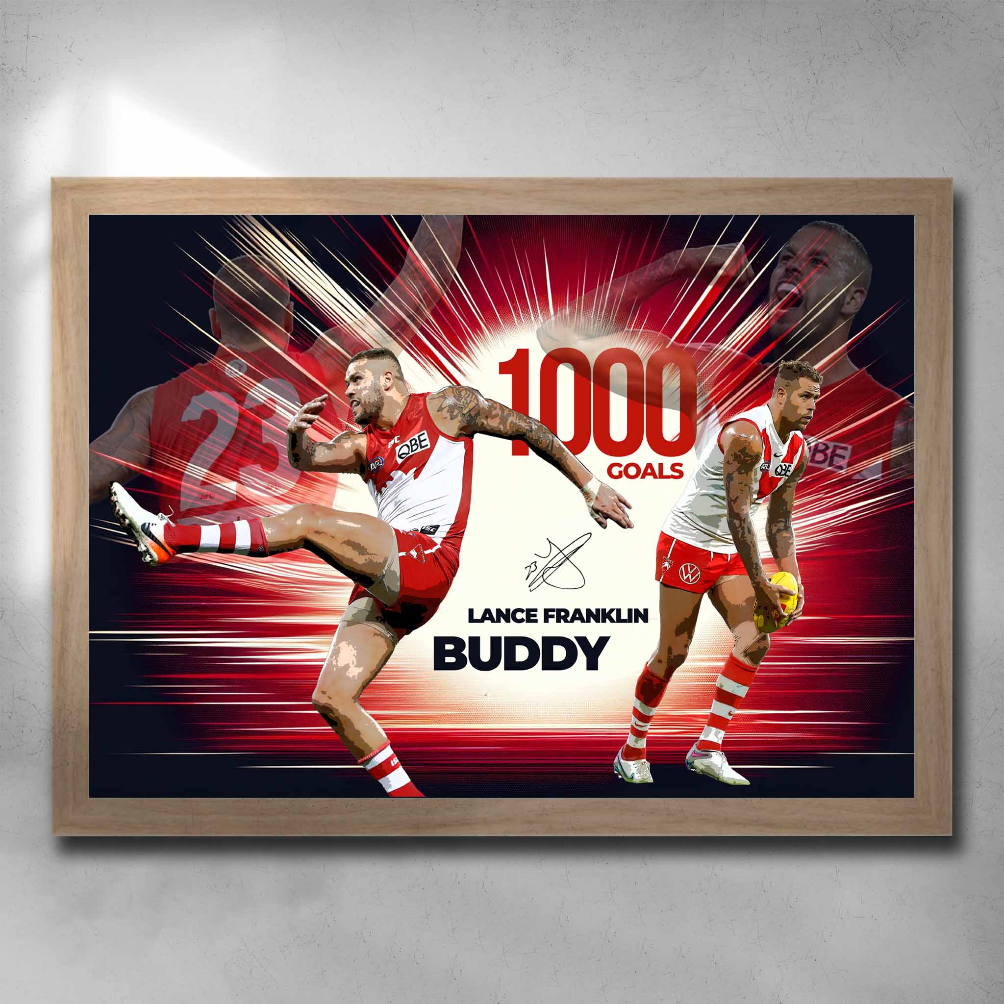 Oak framed AFL art by Sports Cave, featuring Lance "Buddy" Franklin from the Sydney Swans.