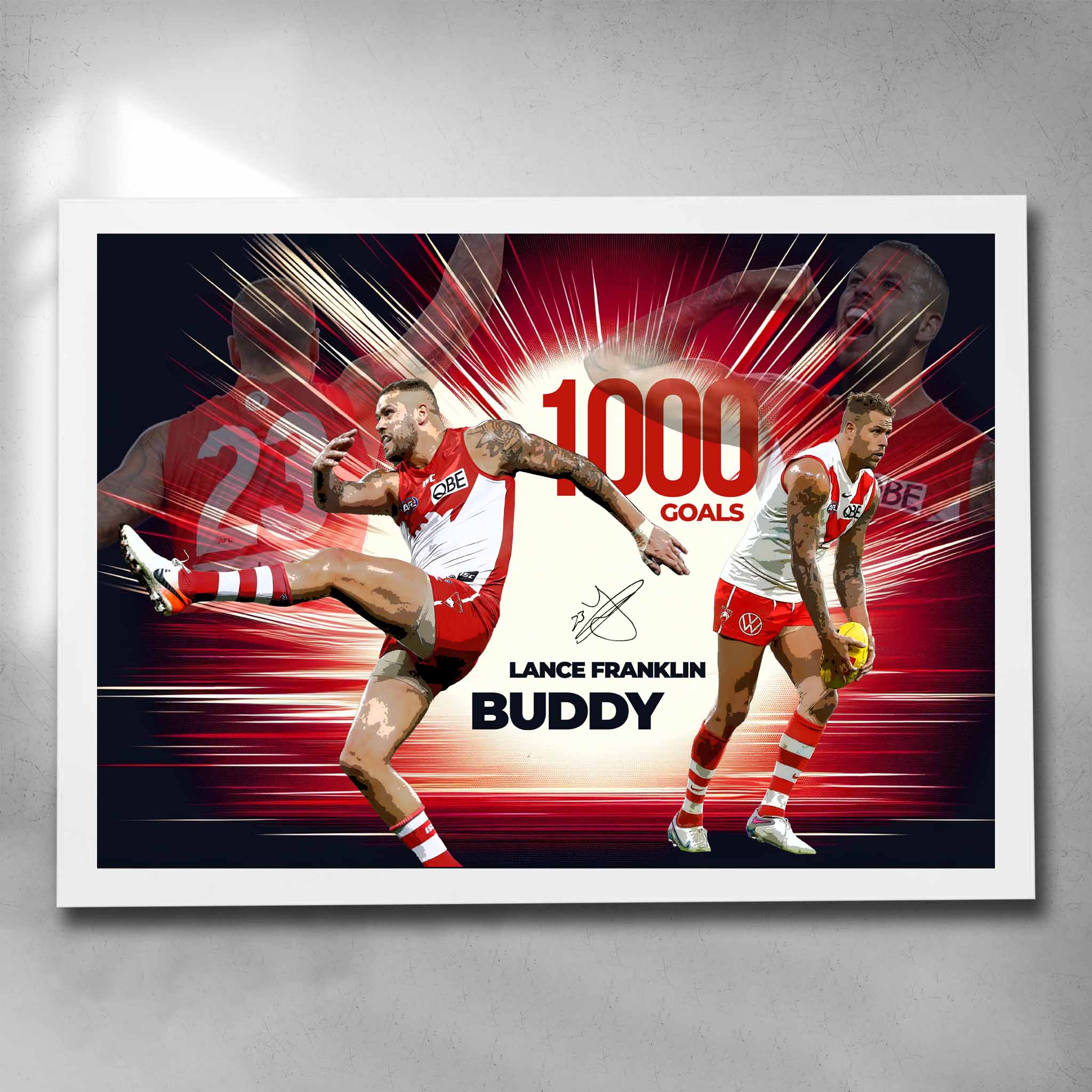 White framed AFL art by Sports Cave, featuring Lance "Buddy" Franklin from the Sydney Swans.