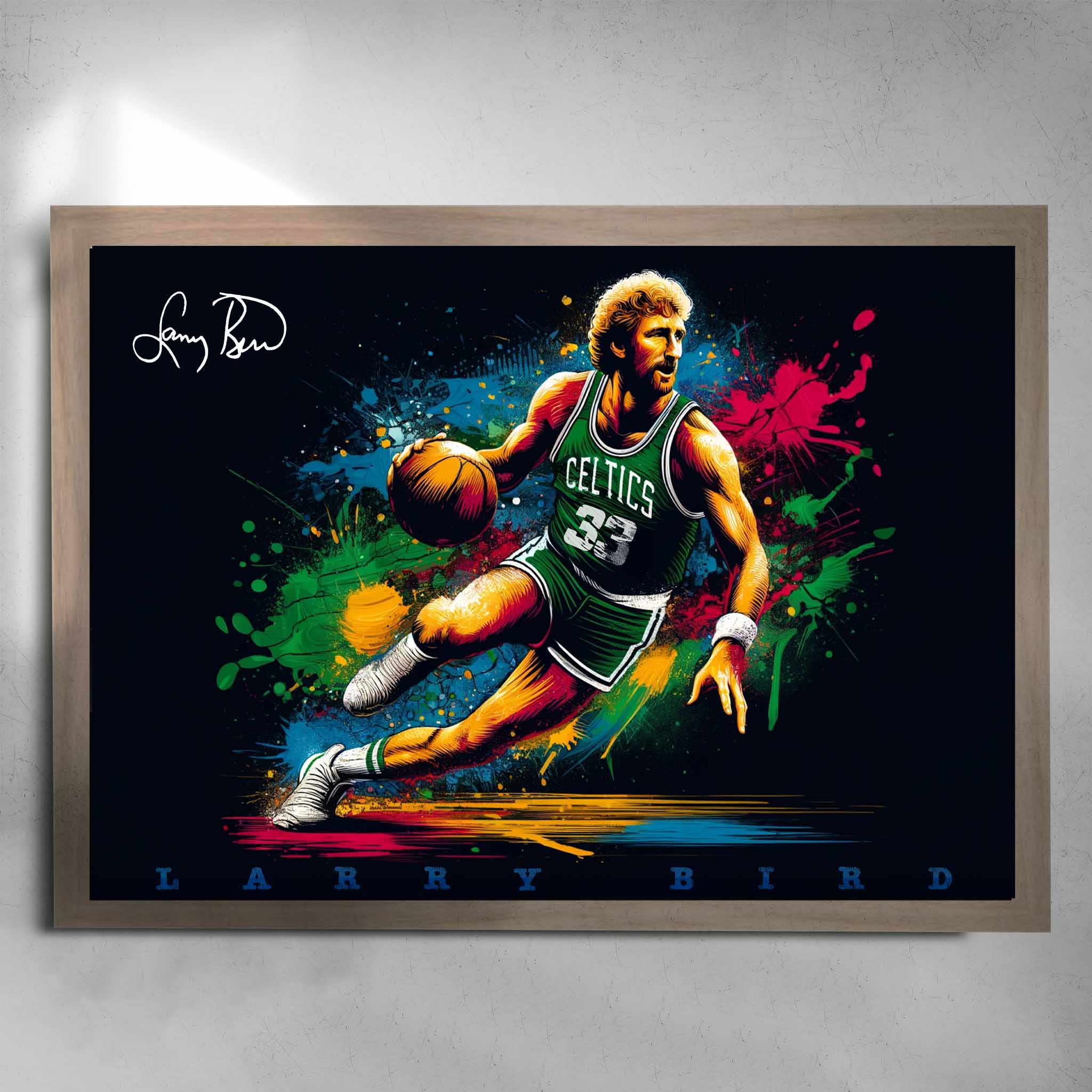 Oak framed NBA art by Sports Cave, featuring Larry Bird from the Boston Celtics.