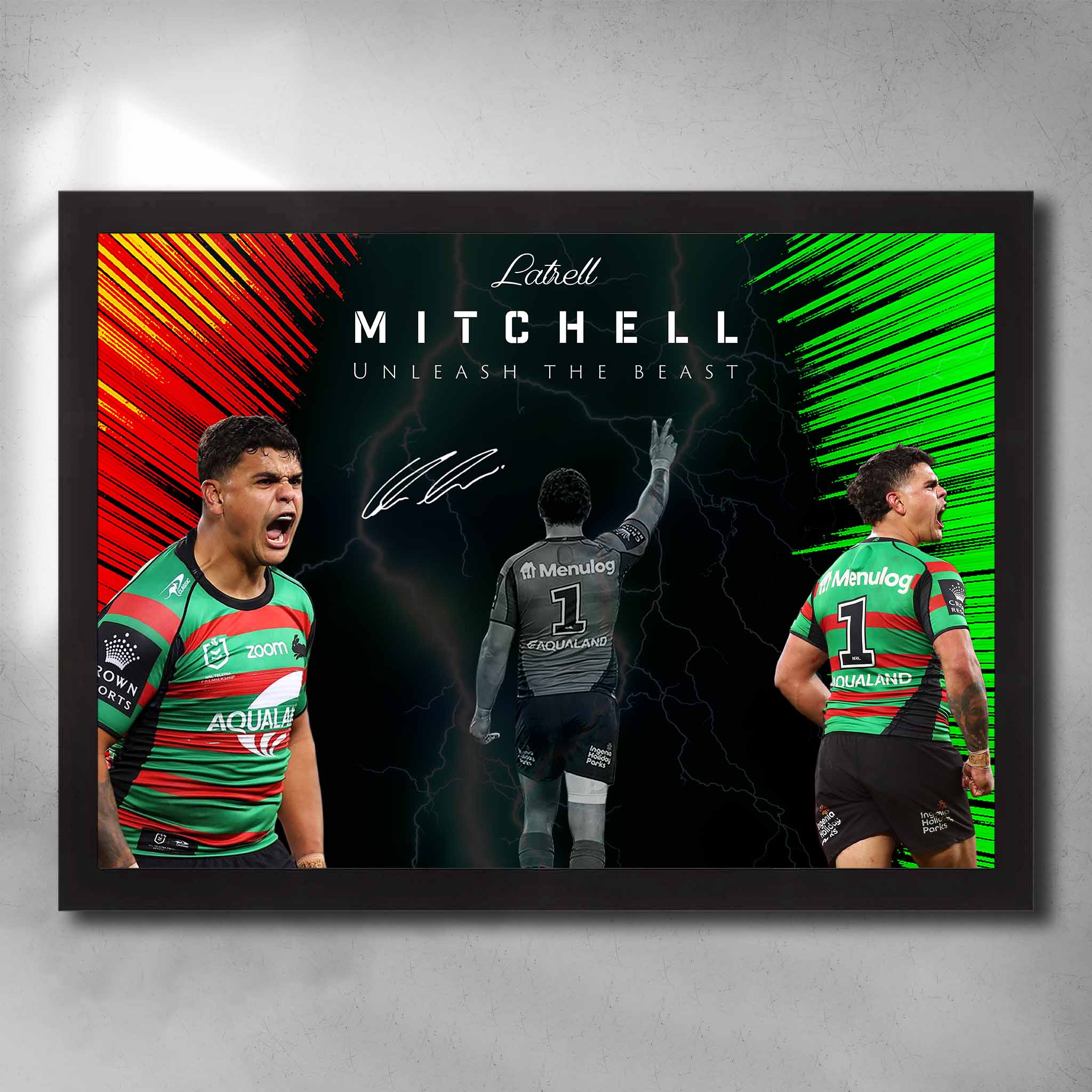 Black framed NRL art featuring Latrell Mitchell from the South Sydney Rabbitohs - Artwork by Sports Cave. 