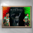 Rustic oak framed NRL art featuring Latrell Mitchell from the South Sydney Rabbitohs - Artwork by Sports Cave.