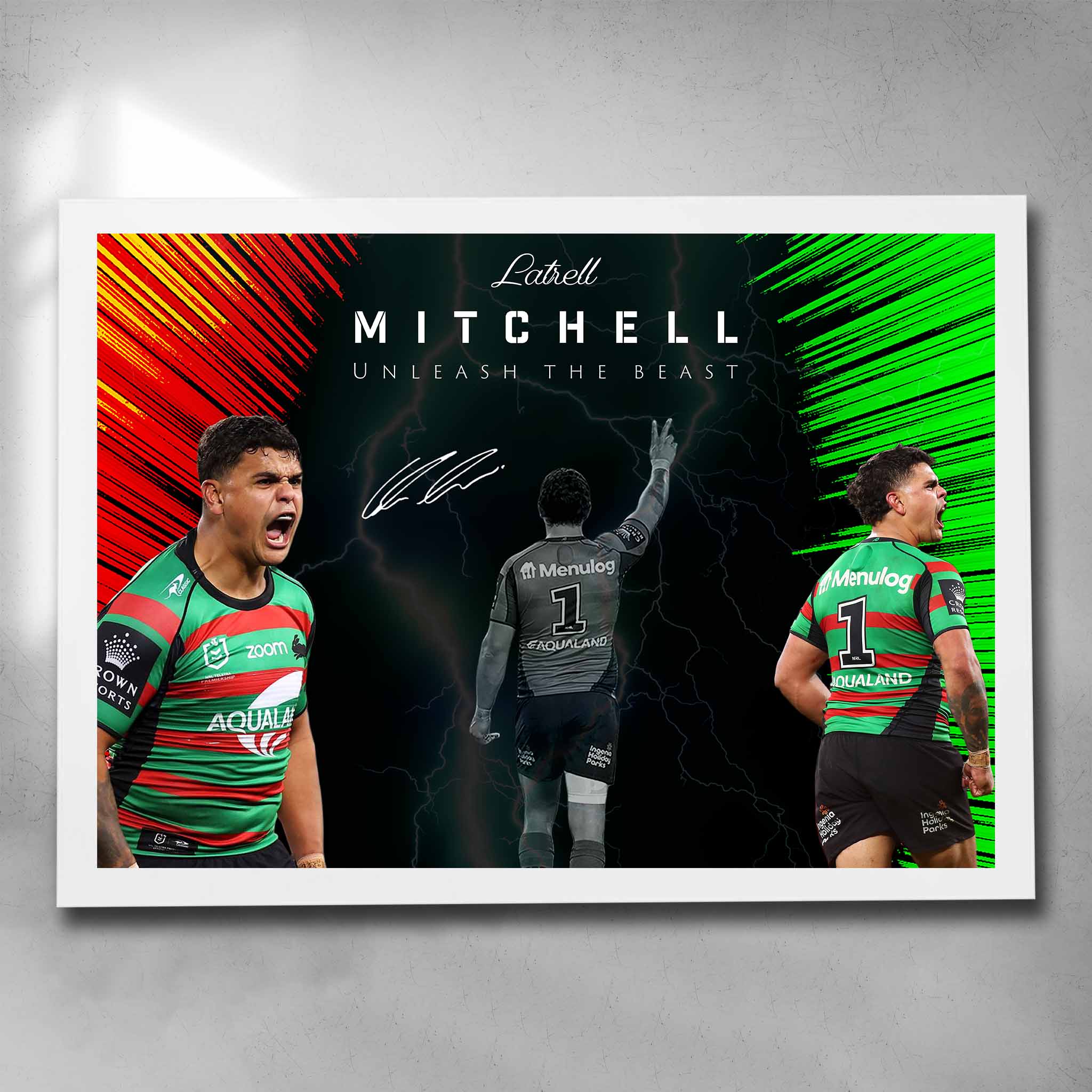 Elegant white framed NRL art featuring Latrell Mitchell from the South Sydney Rabbitohs - Artwork by Sports Cave.