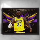 Framed LeBron James Lakers wall art with yellow jersey, purple wings graphic background, and signature details.