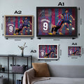 Visual representation of Robert Lewandowski framed art size options, ranging from S - 21 × 30 cm (8.3 × 11.8 in) to L - 45 × 62 cm (17.7 × 24.4 in), for selecting the right size for your space.