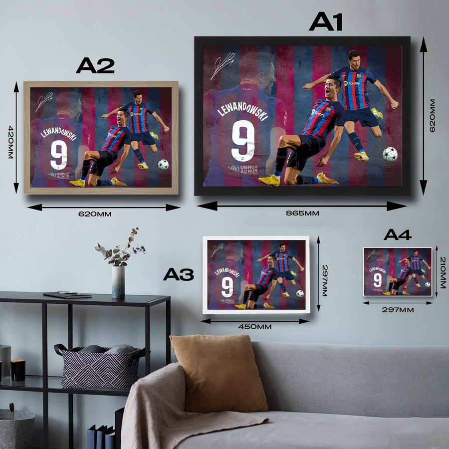 Visual representation of Robert Lewandowski framed art size options, ranging from S - 21 × 30 cm (8.3 × 11.8 in) to L - 45 × 62 cm (17.7 × 24.4 in), for selecting the right size for your space.