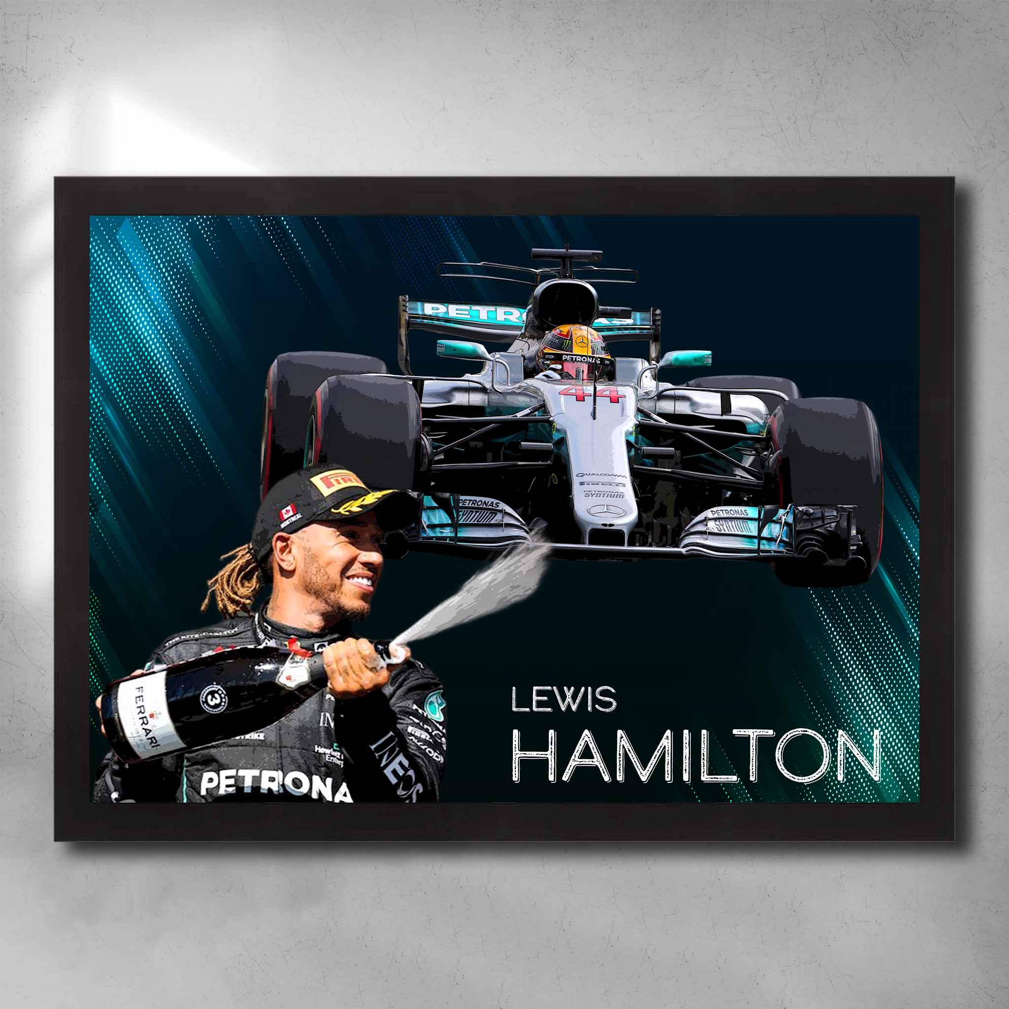 Framed Lewis Hamilton Formula 1 wall art with race-winning celebration and Mercedes F1 car in dynamic teal graphic background.
