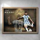Oak-framed Lionel Messi wall art featuring the Argentine icon in action, a standout piece of premium framed sports memorabilia for collectors.