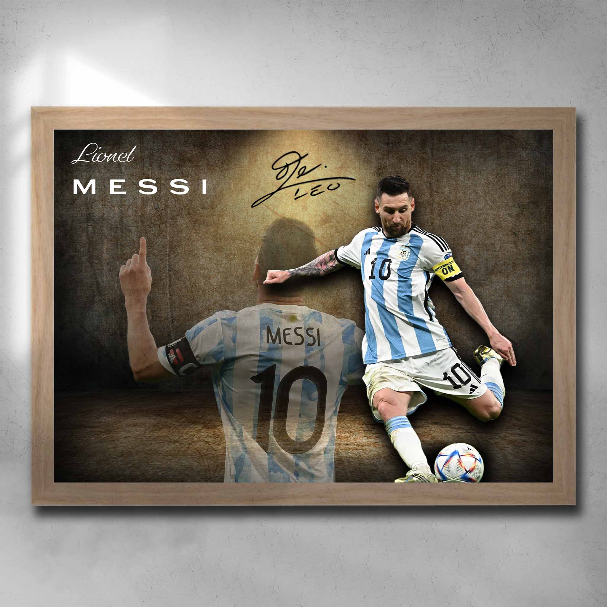 Oak-framed Lionel Messi wall art featuring the Argentine icon in action, a standout piece of premium framed sports memorabilia for collectors.