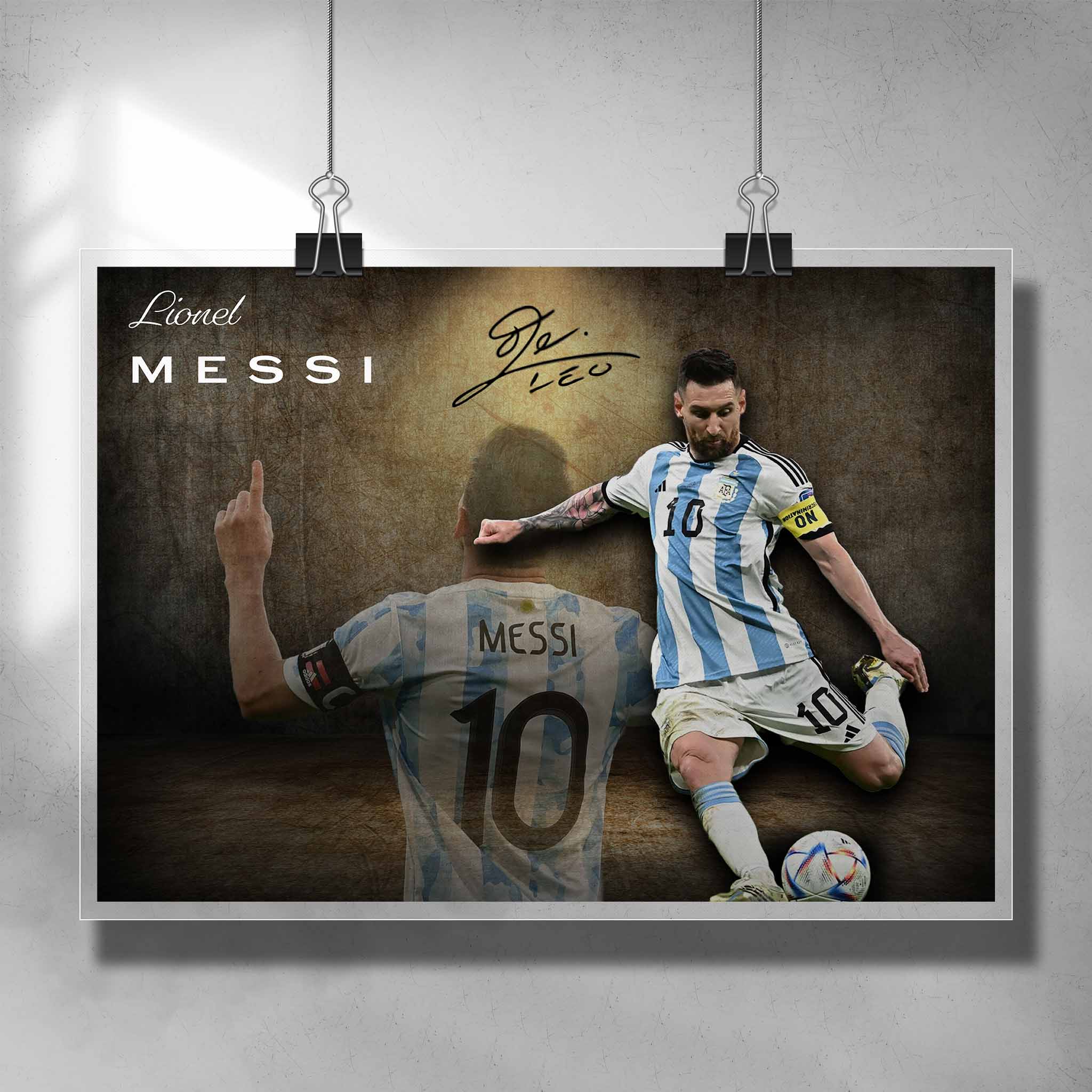 A striking Lionel Messi wall art poster capturing Messi in action, ideal for collectors of framed sports art or premium football memorabilia.