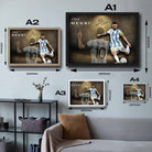 Lionel Messi wall art size guide showing framed sports art in A1 to A4 formats, ideal for choosing the perfect fit for your space.