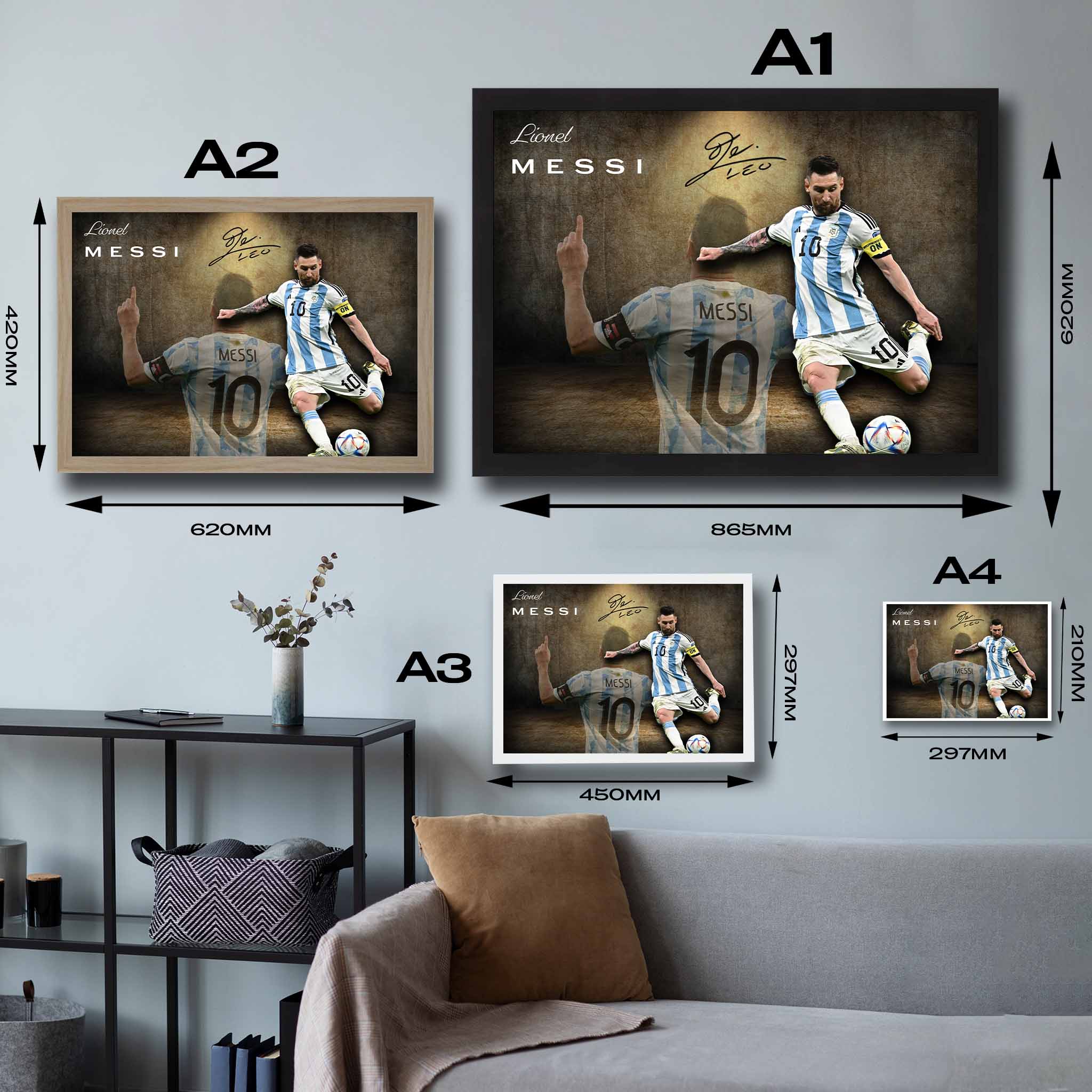 Lionel Messi wall art size guide showing framed sports art in A1 to A4 formats, ideal for choosing the perfect fit for your space.