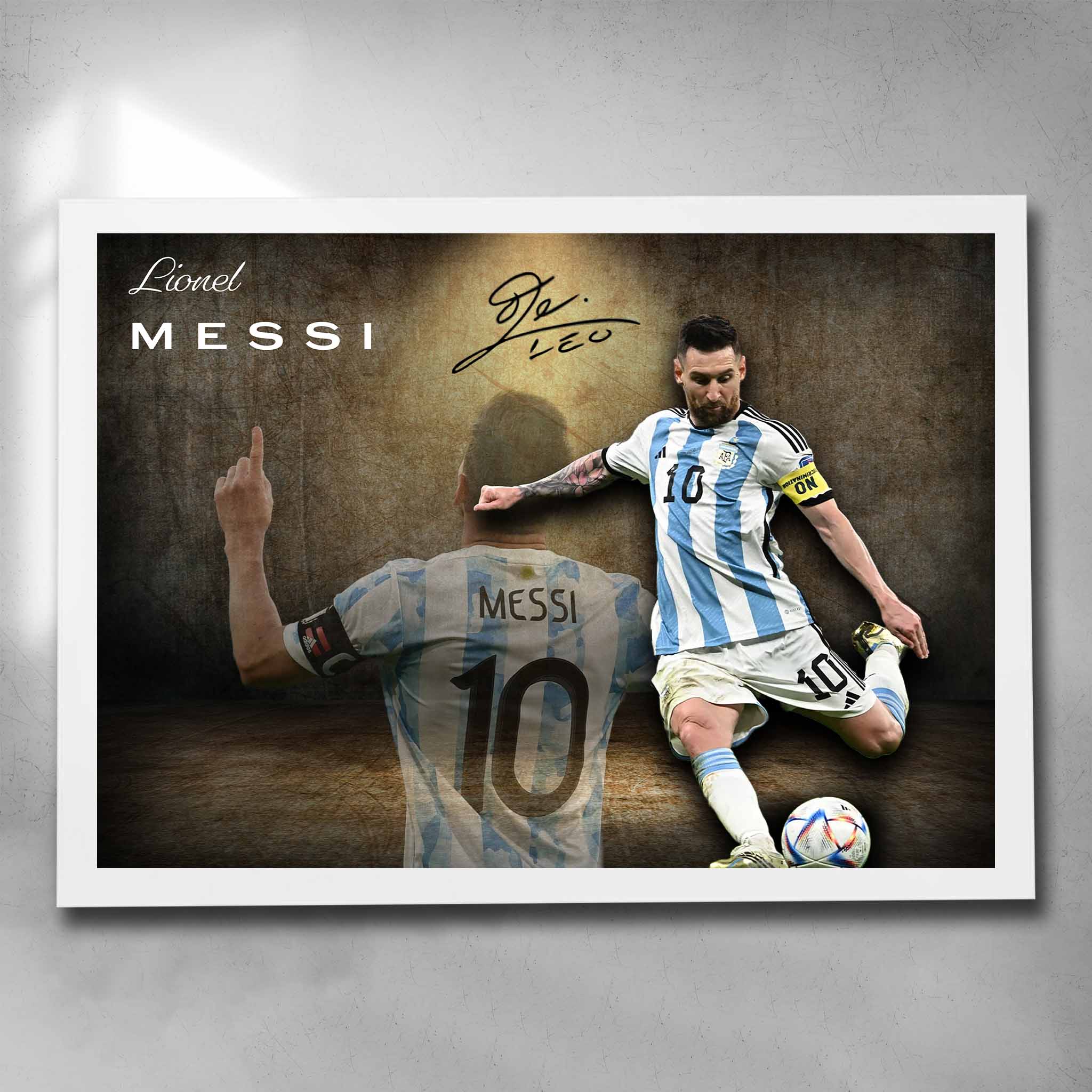 White-framed Lionel Messi wall art featuring the Argentine legend in action, a premium piece of framed sports memorabilia for collectors.
