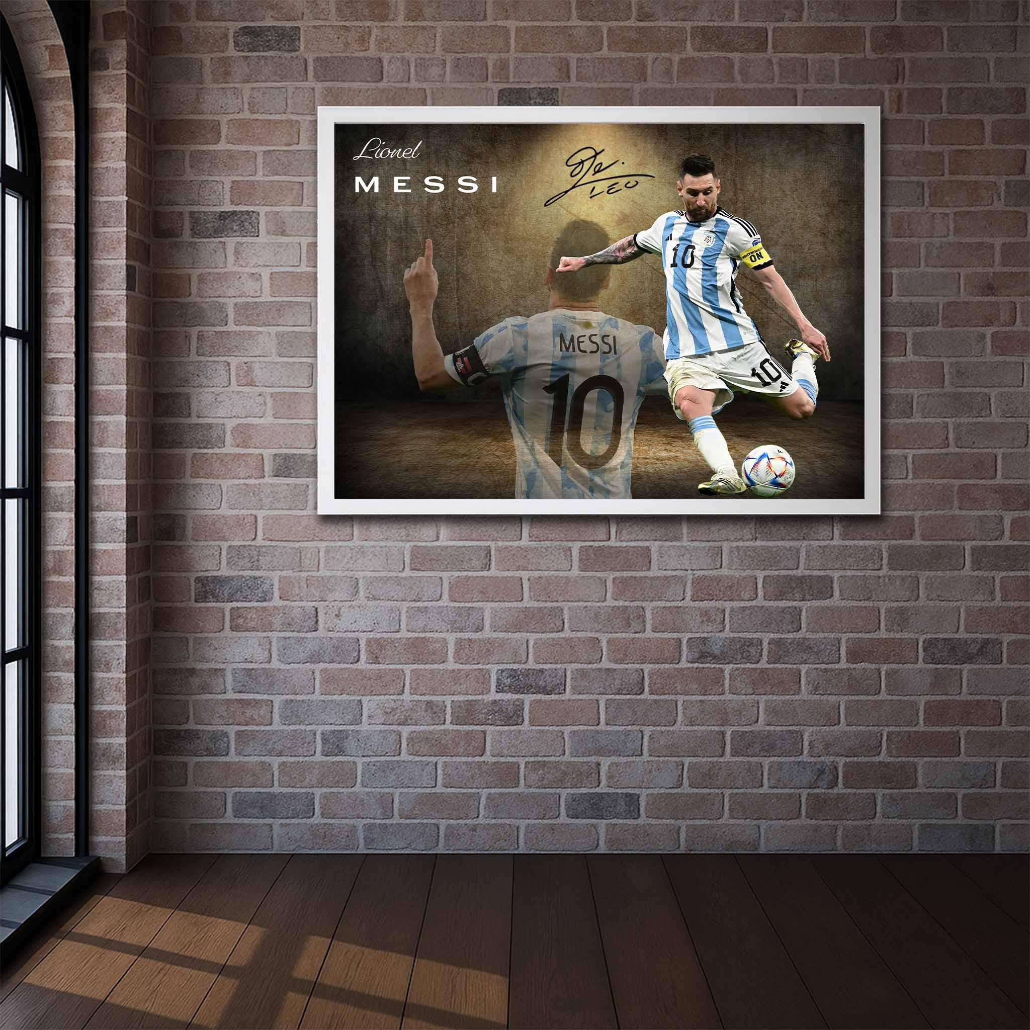 Framed sports memorabilia featuring Lionel Messi wall art in his Argentina kit, a premium piece for any fan's man cave or space.
