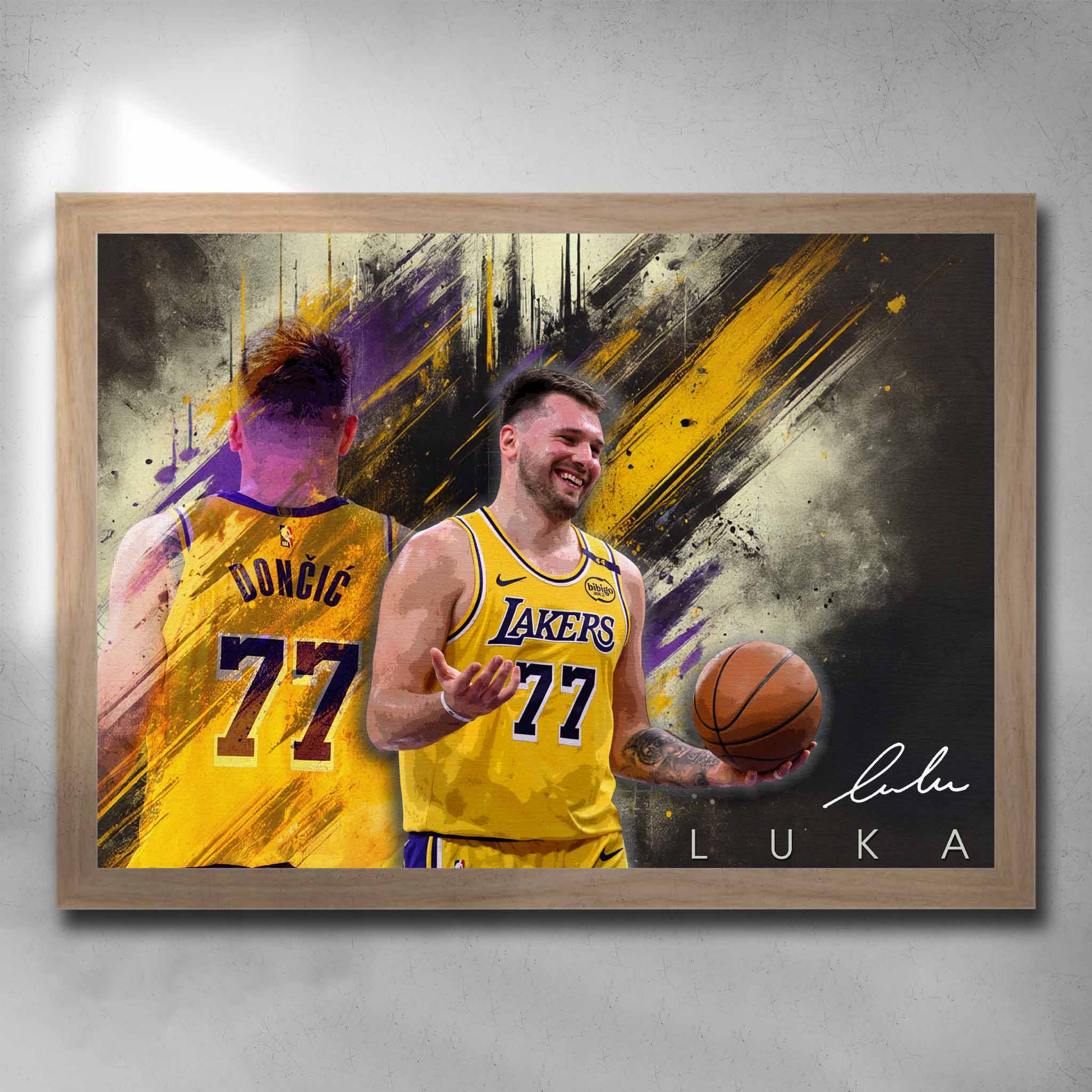 ​Luka Dončić Los Angeles Lakers Oak framed poster by sportscaveshop.com
