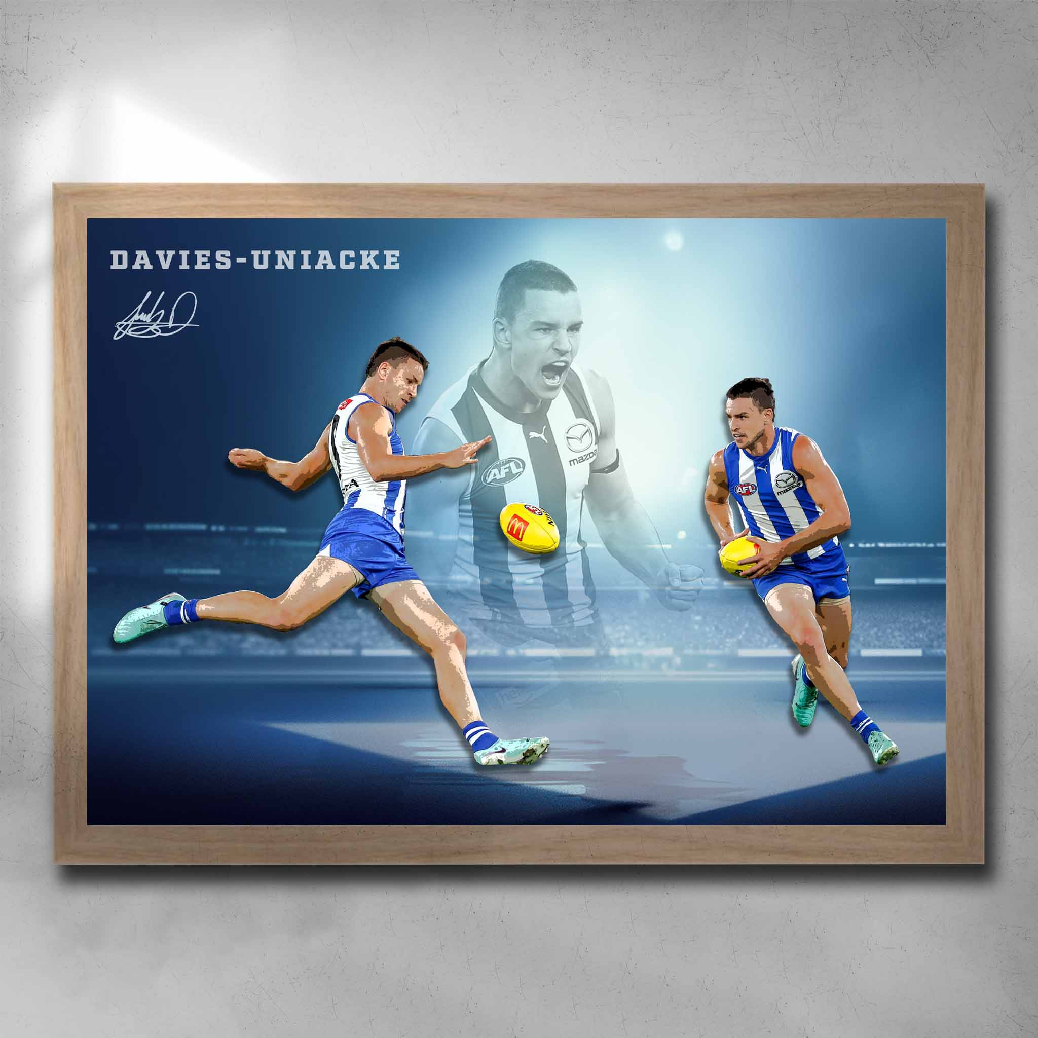 Oak framed AFL art by Sports Cave, featuring Luke Davies-Uniacke from North Melbourne Kangaroos. 