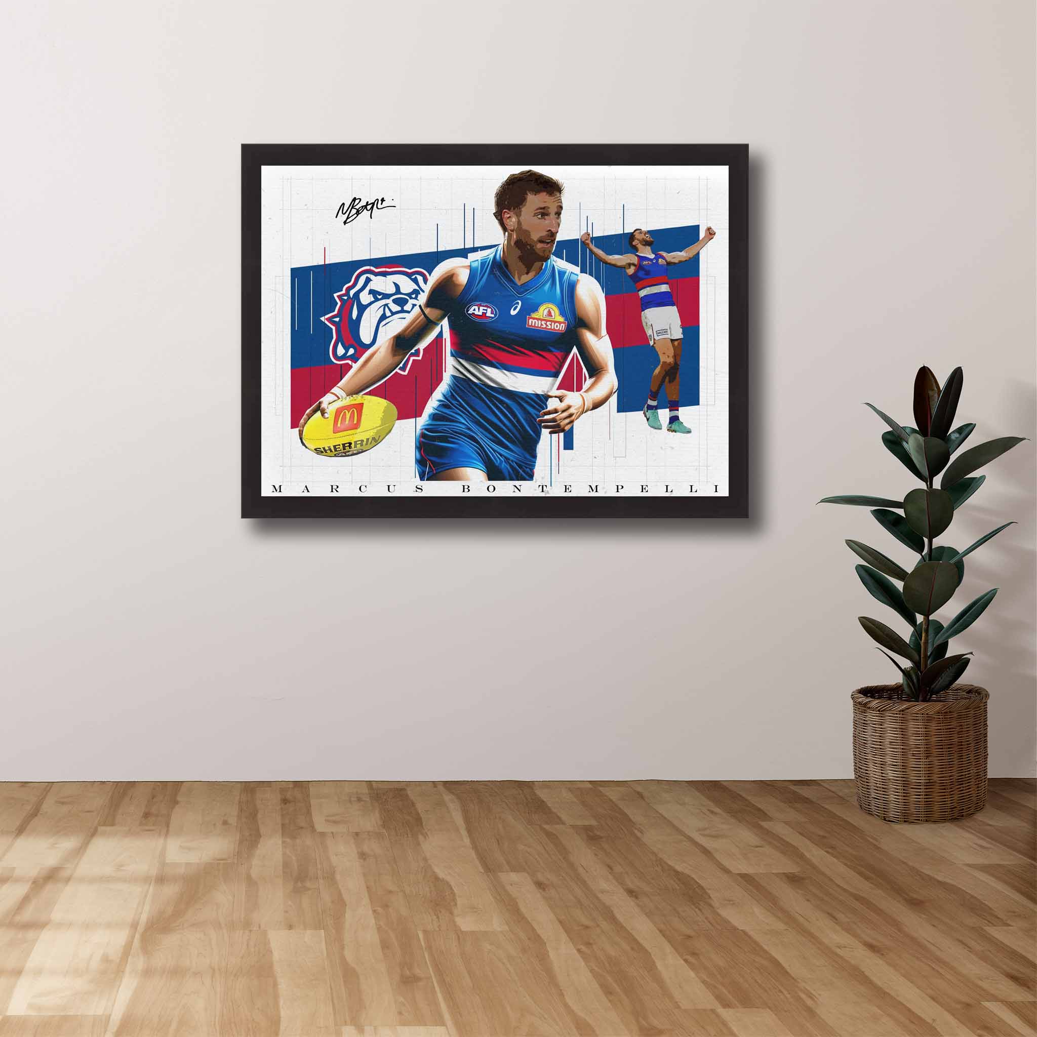 Western Bulldogs fan with Marcus Bontempelli framed art showcased on their wall.