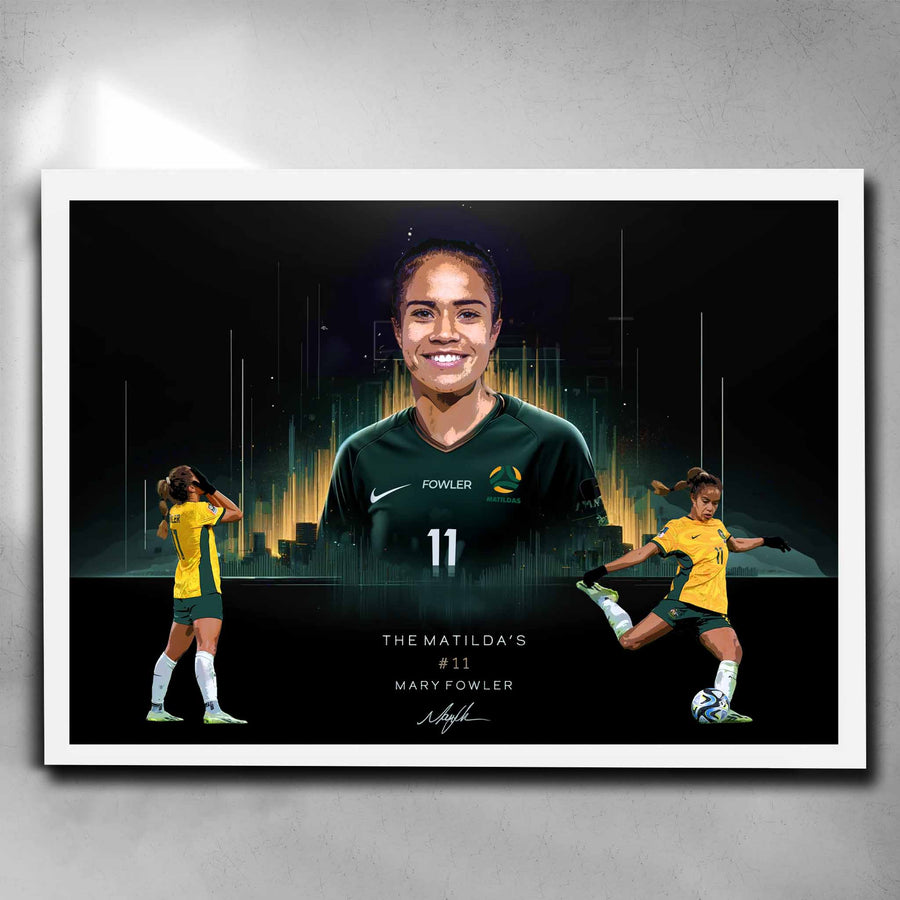 White framed Mary Fowler Poster, Playing for Australian Matilda's by Sports Cave.