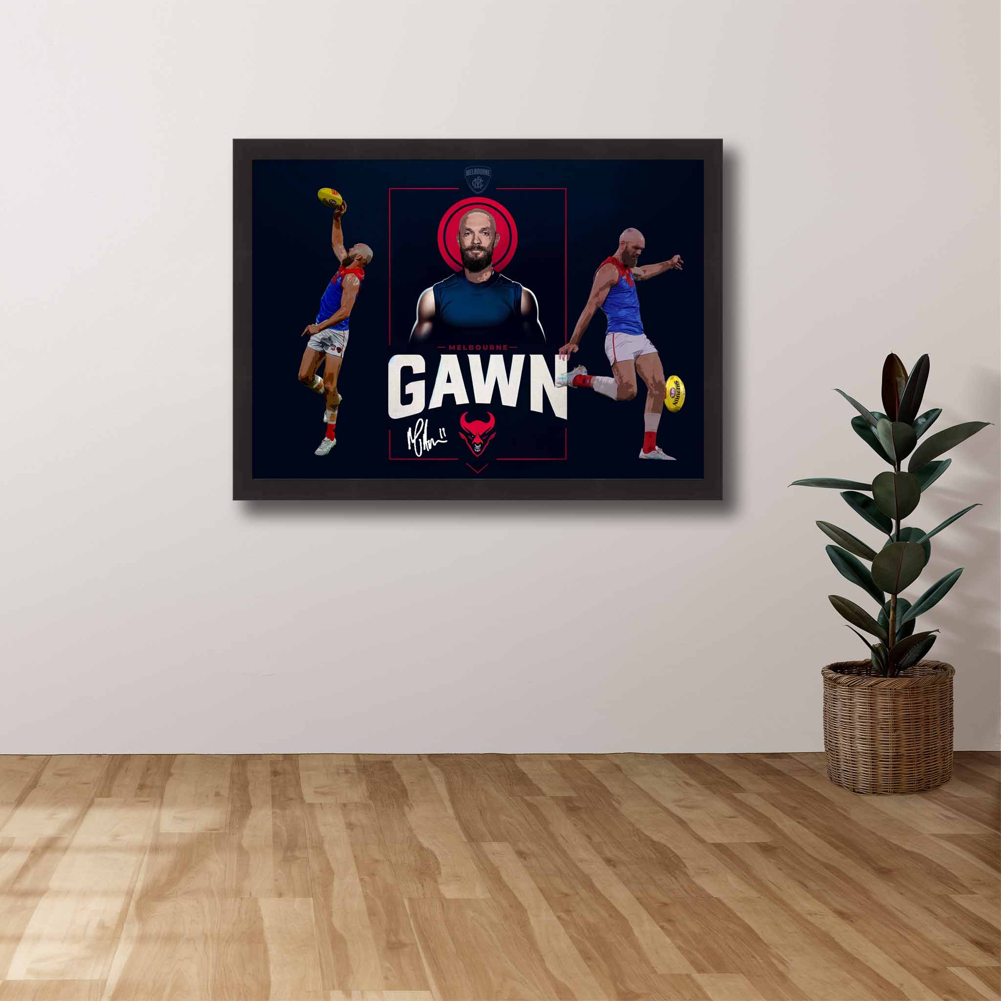 AFL Die-hard Supporters House, featuring a framed print of Max Gawn showcased on the wall.