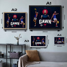 Visual representation of Max Gawn framed art size options, ranging from A4 to A2, for selecting the right size for your space.