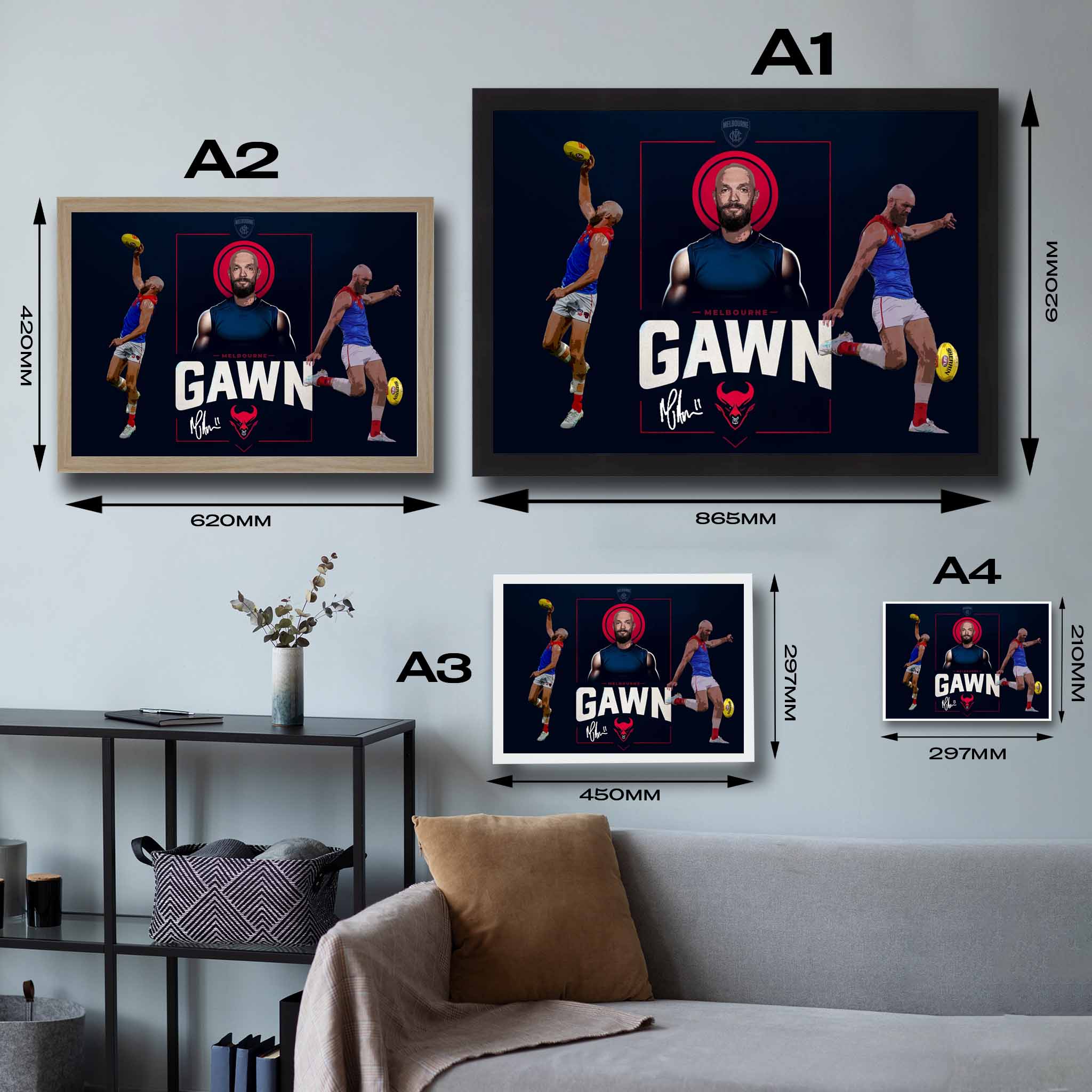 Visual representation of Max Gawn framed art size options, ranging from A4 to A2, for selecting the right size for your space.