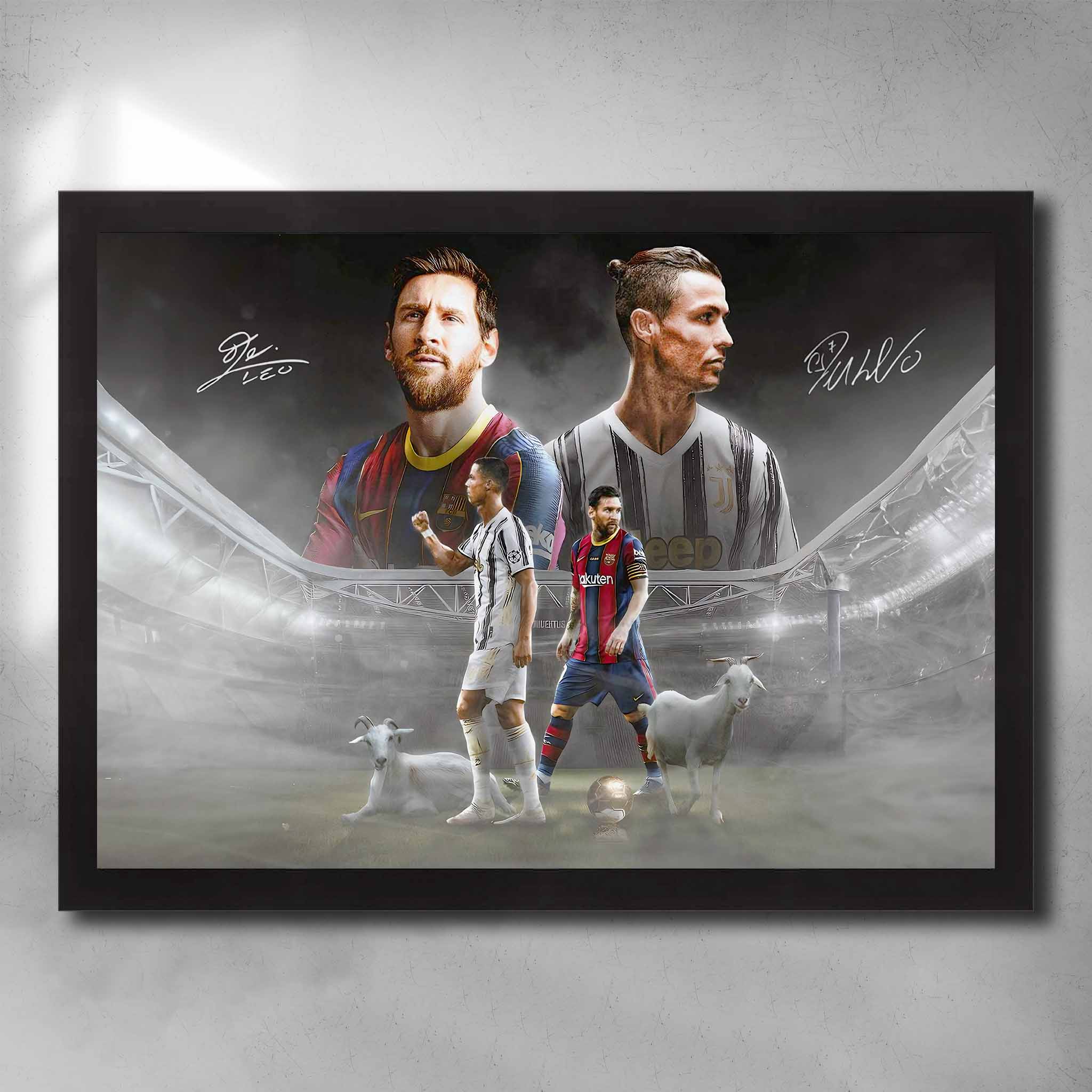 Framed wall art featuring Lionel Messi and Cristiano Ronaldo with GOATs in a dramatic stadium background, iconic rivalry sports artwork.