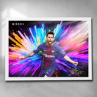 White framed soccer art by Sports Cave, featuring the legend from Barcelona Lionel Messi.