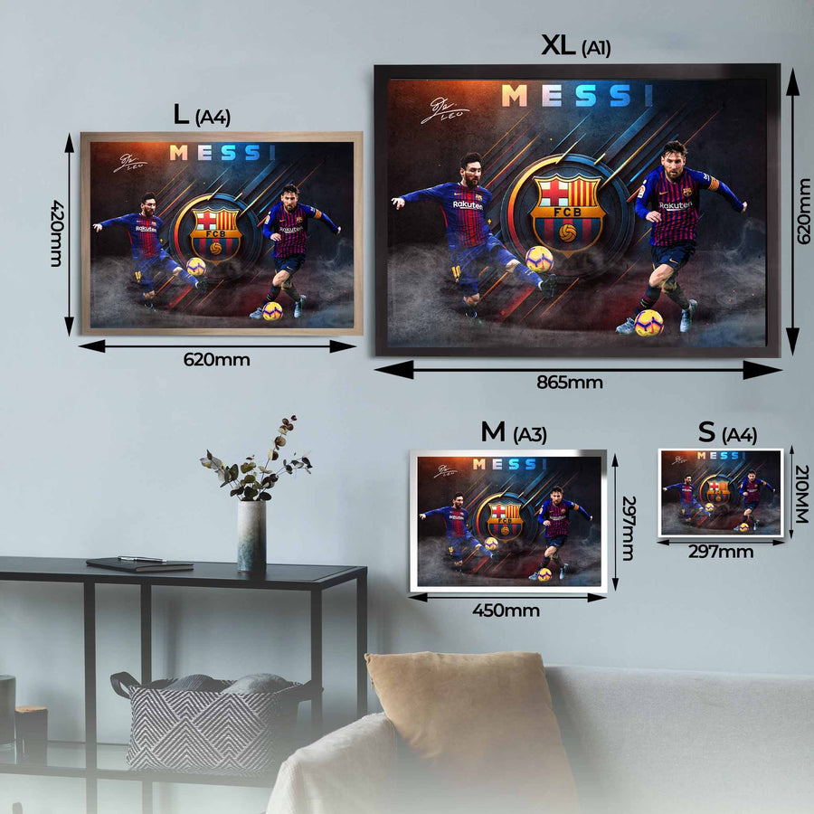 Lionel Messi wall art size guide showing framed prints from A4 to A1, helping fans choose the ideal framed sports memorabilia size.
