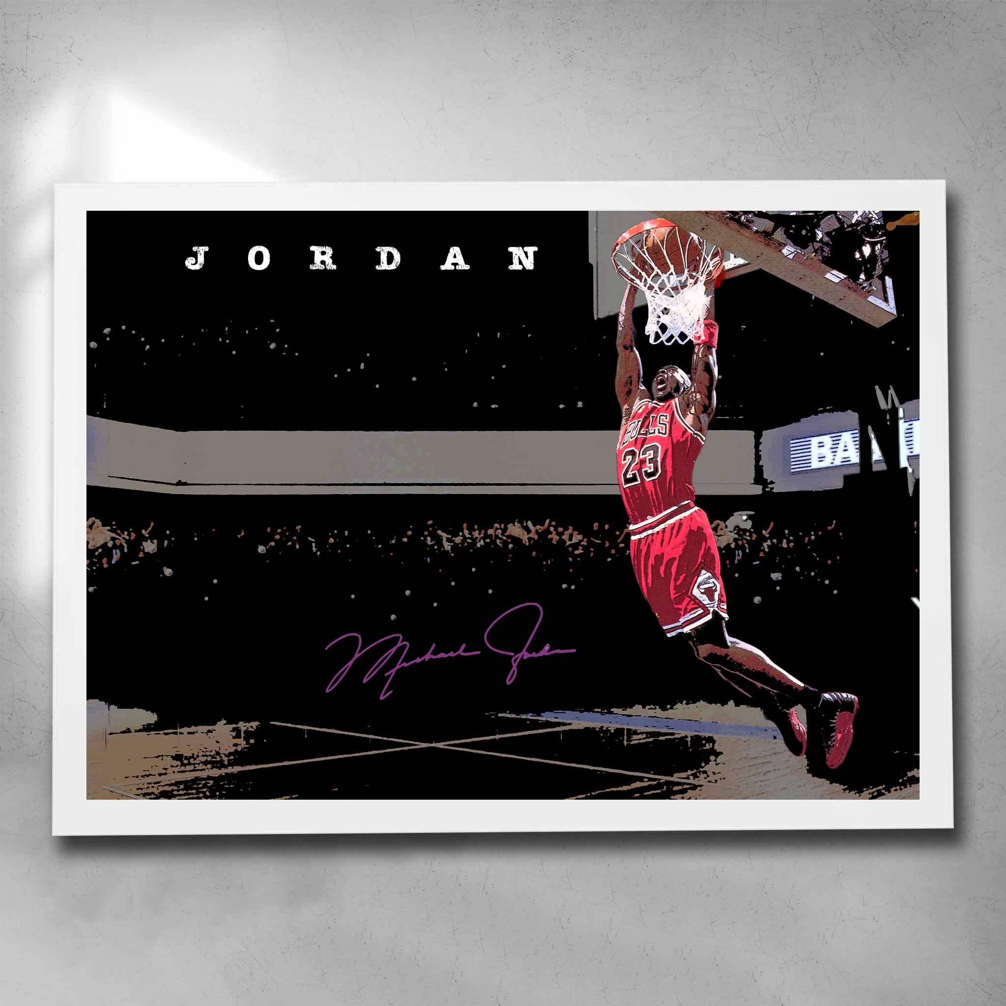 White-framed Michael Jordan wall art dunking for the Chicago Bulls — premium sports wall art for man cave or NBA fan space.
