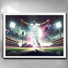 White framed cricket art featuring a signed print of Mitchell Starc playing for Australia - Artwork by Sports Cave.