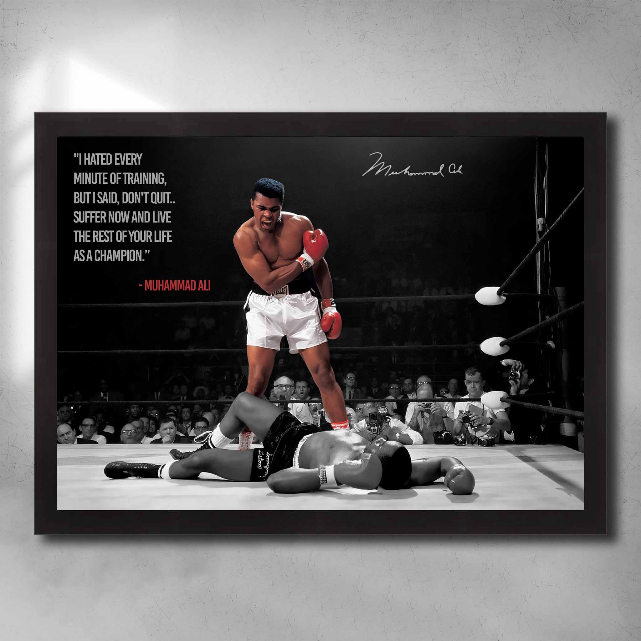 Muhammad Ali motivational wall art featuring iconic quote and boxing victory pose in black and red design.