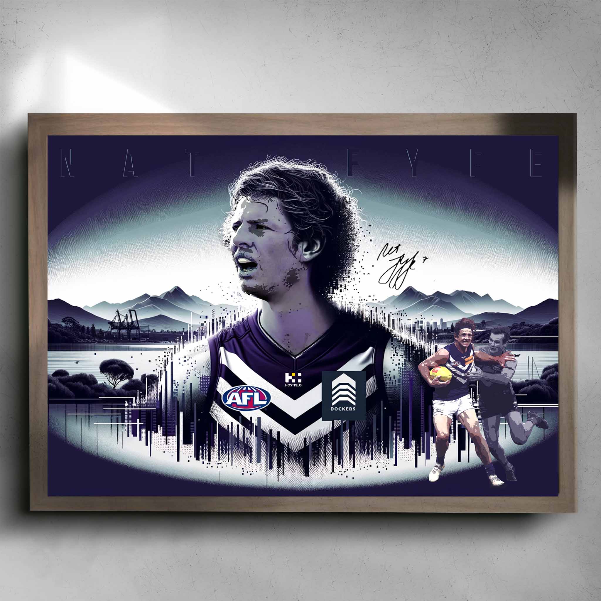 Oak framed AFL Poster by Sports Cave, featuring Nat Fyfe from the Freemantle Dockers.