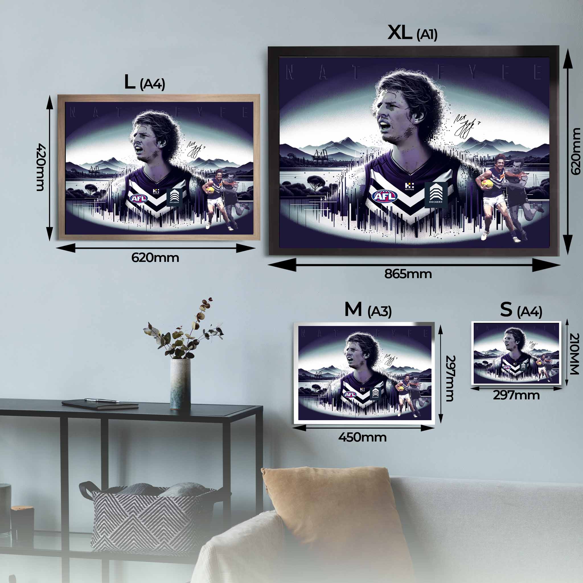 Nat Fyfe Dockers Framed Art Sizing Guide.
