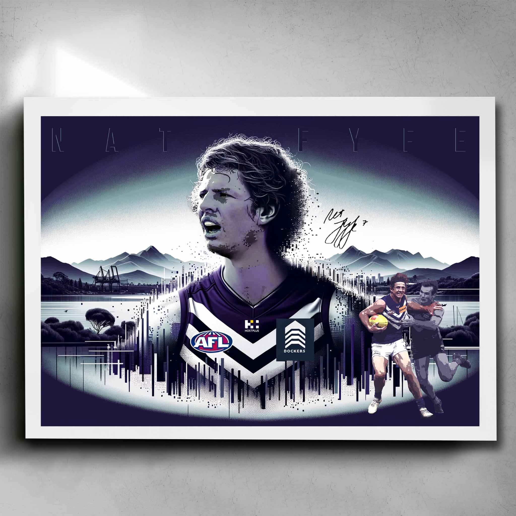 White framed AFL Poster by Sports Cave, featuring Nat Fyfe from the Freemantle Dockers.