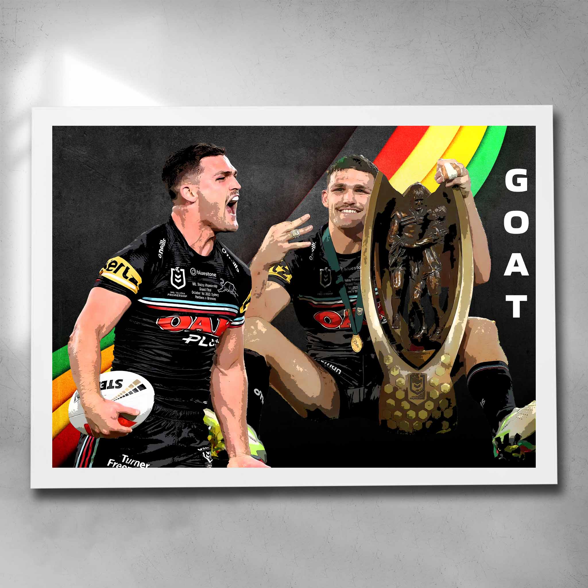 White framed NRL Art featuring 2023 Clive Churchill medalist Nathan Cleary the GOAT - Artwork by Sports Cave.