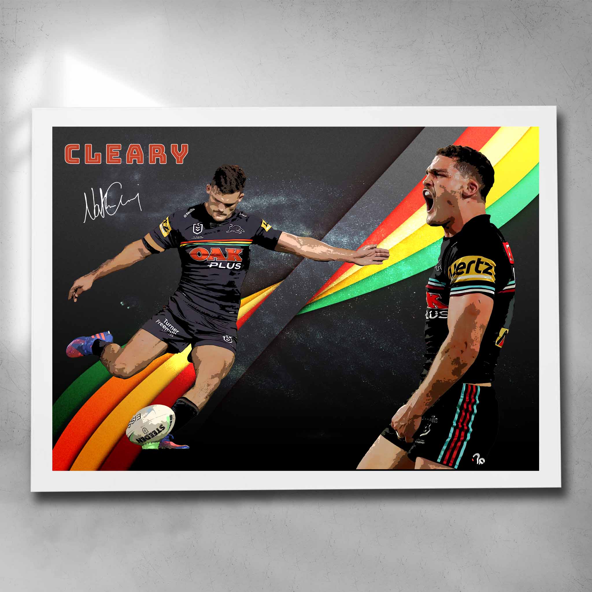 White framed NRL art featuring Nathan Cleary from the Penrith panthers signed artwork by Sports Cave.