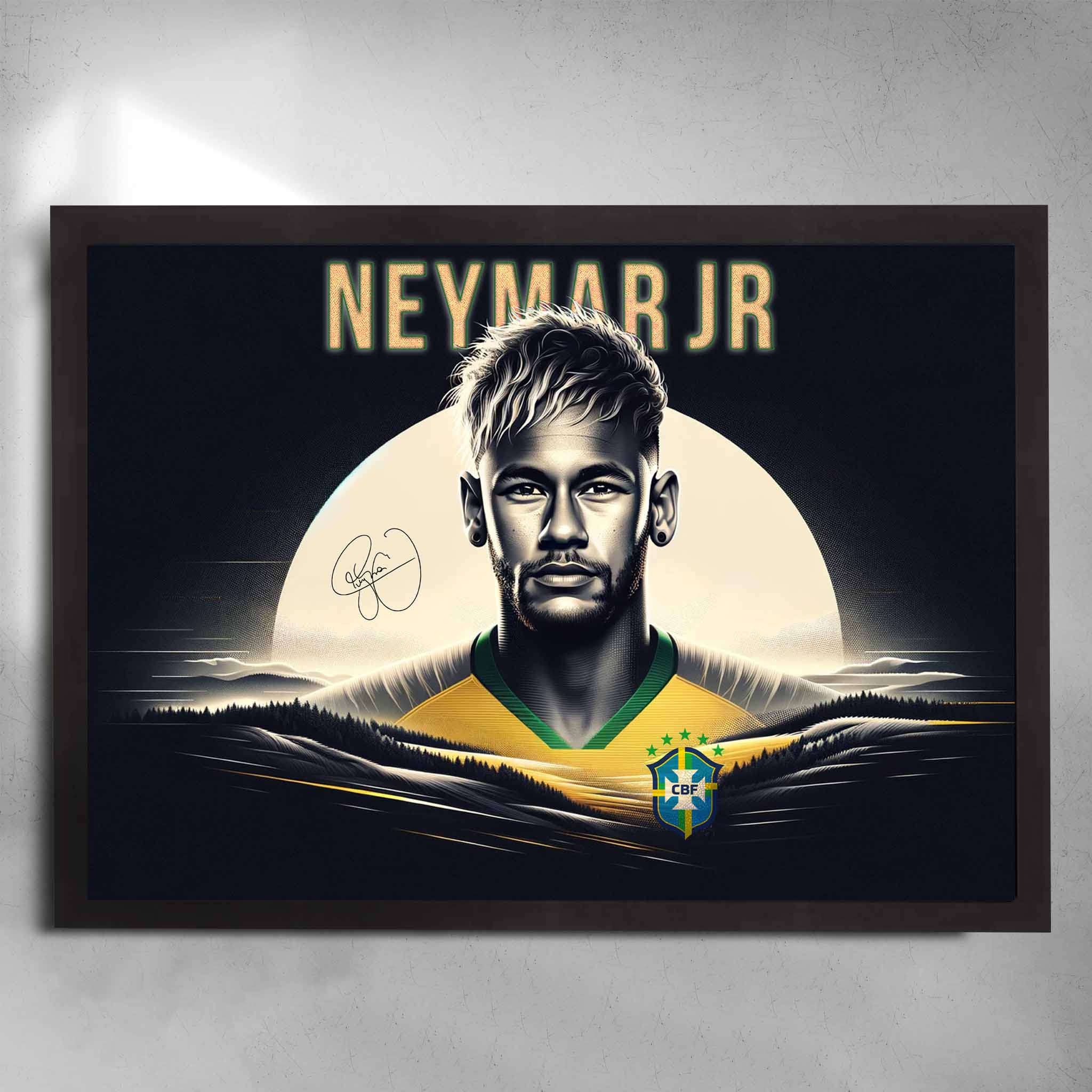 Framed Neymar Jr. Brazil wall art featuring bold portrait with Brazil jersey and rising sun design in the background.