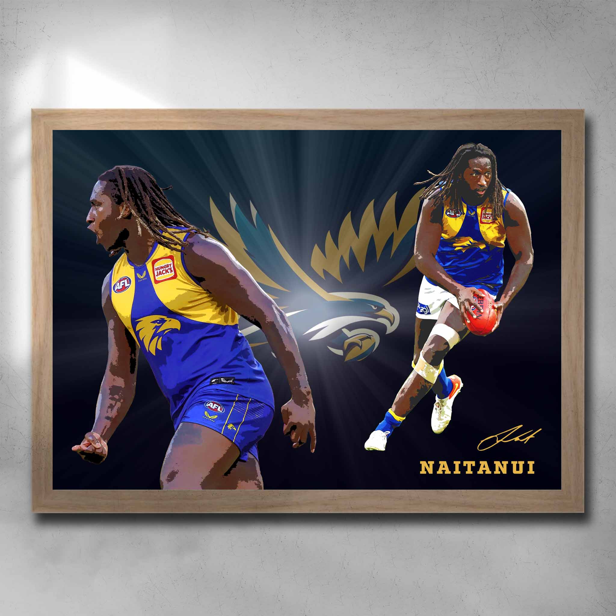Oak framed AFL art by Sports Cave, featuring Nic Naitanui from the West Coast Eagles.