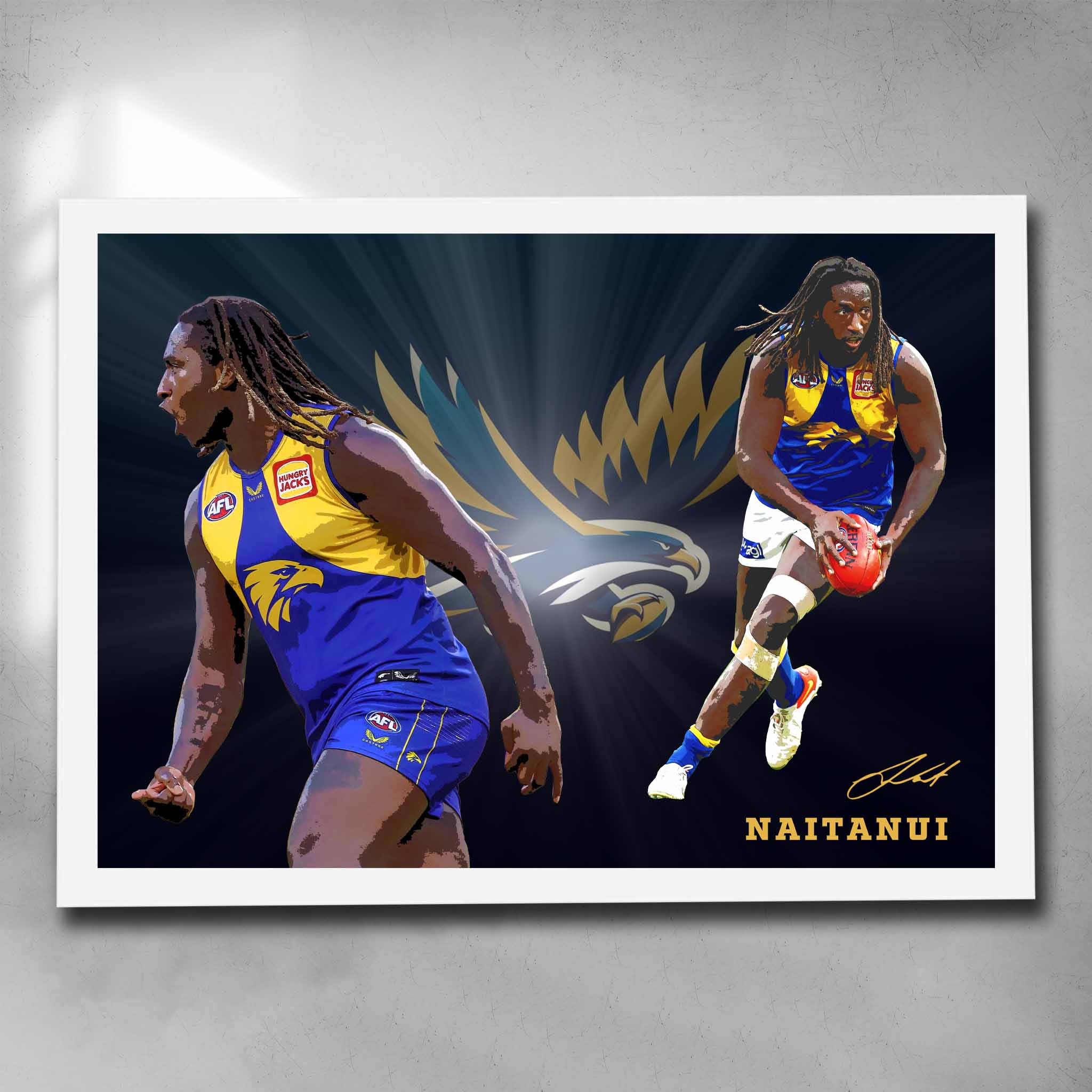 White framed AFL art by Sports Cave, featuring Nic Naitanui from the West Coast Eagles.