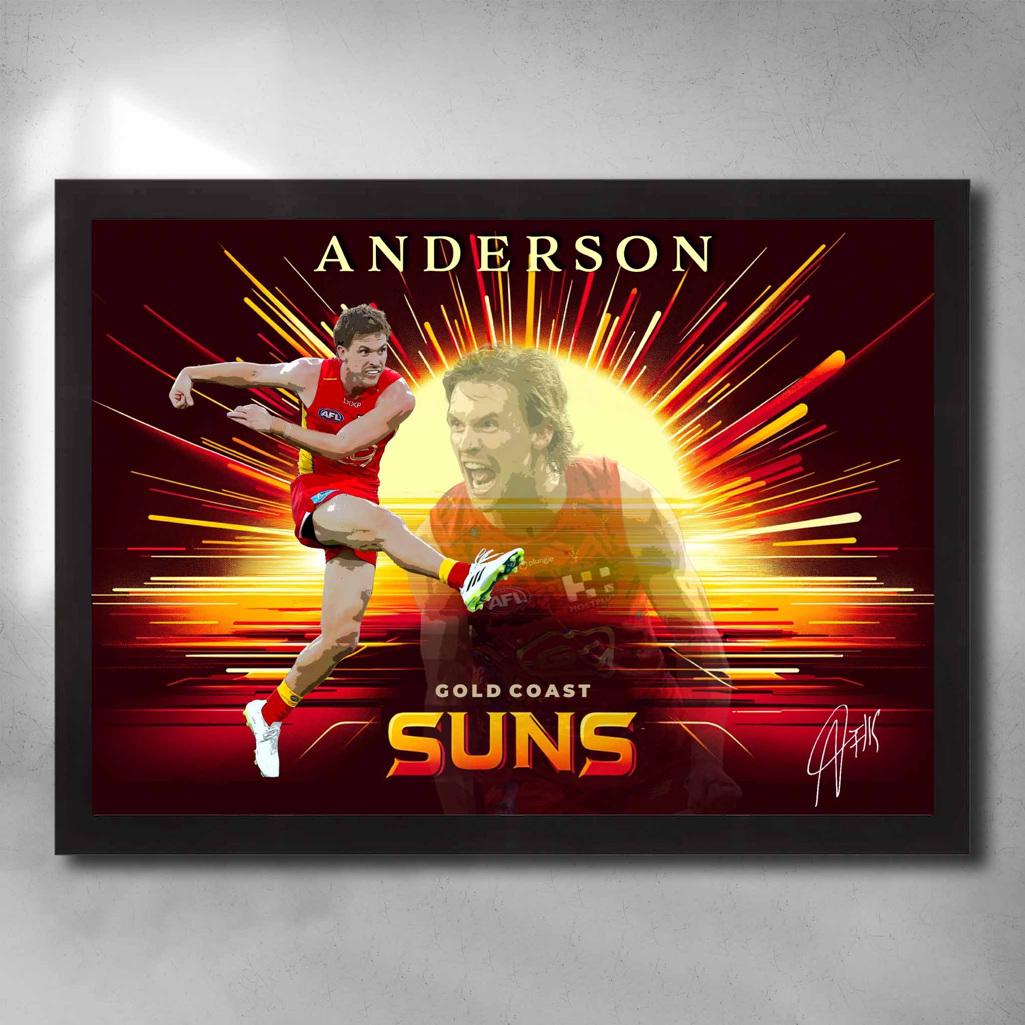 Black framed AFL art by Sports Cave, featuring Noah Anderson from the Gold Coast Suns.