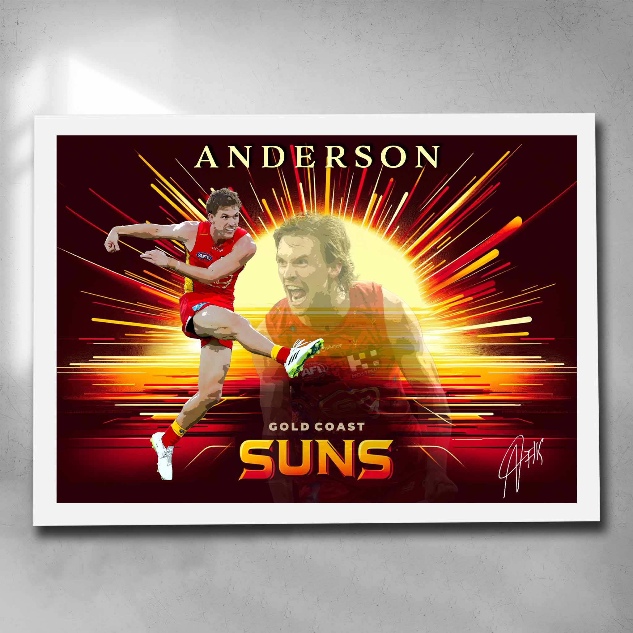 White framed AFL art by Sports Cave, featuring Noah Anderson from the Gold Coast Suns.