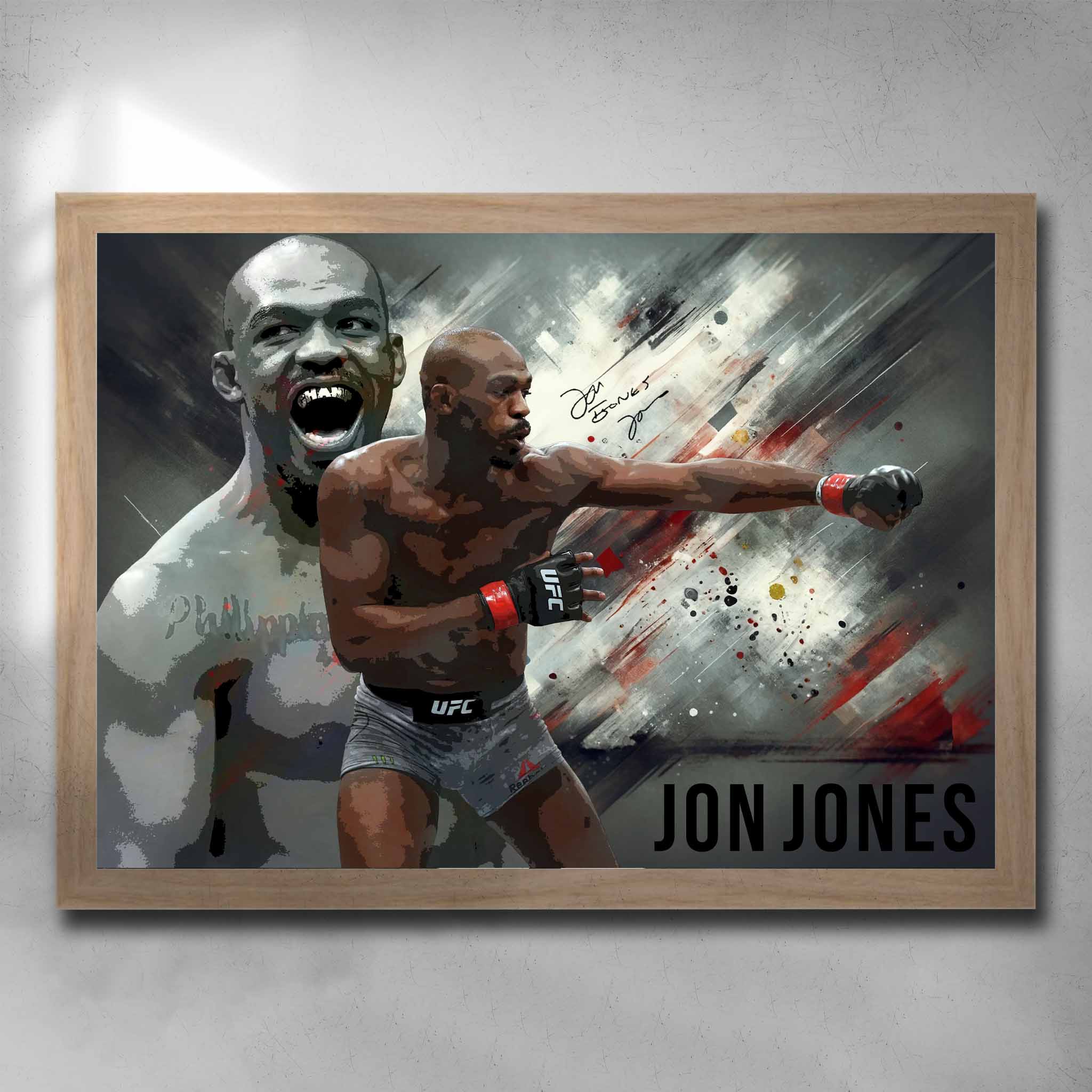 Oak framed UFC Art by Sports Cave featuring MMA fighter Jon Jones.