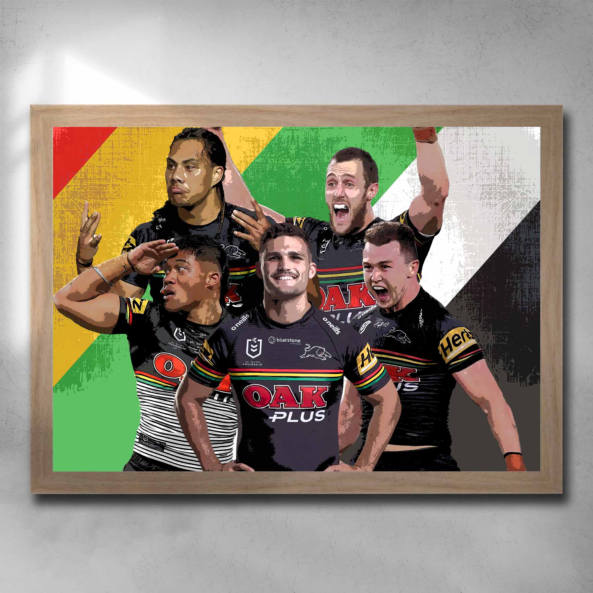 Oak framed NRL art by Sports Cave, featuring the Penrith Panthers To'o, Cleary, Edwards, Luia and Yeo.