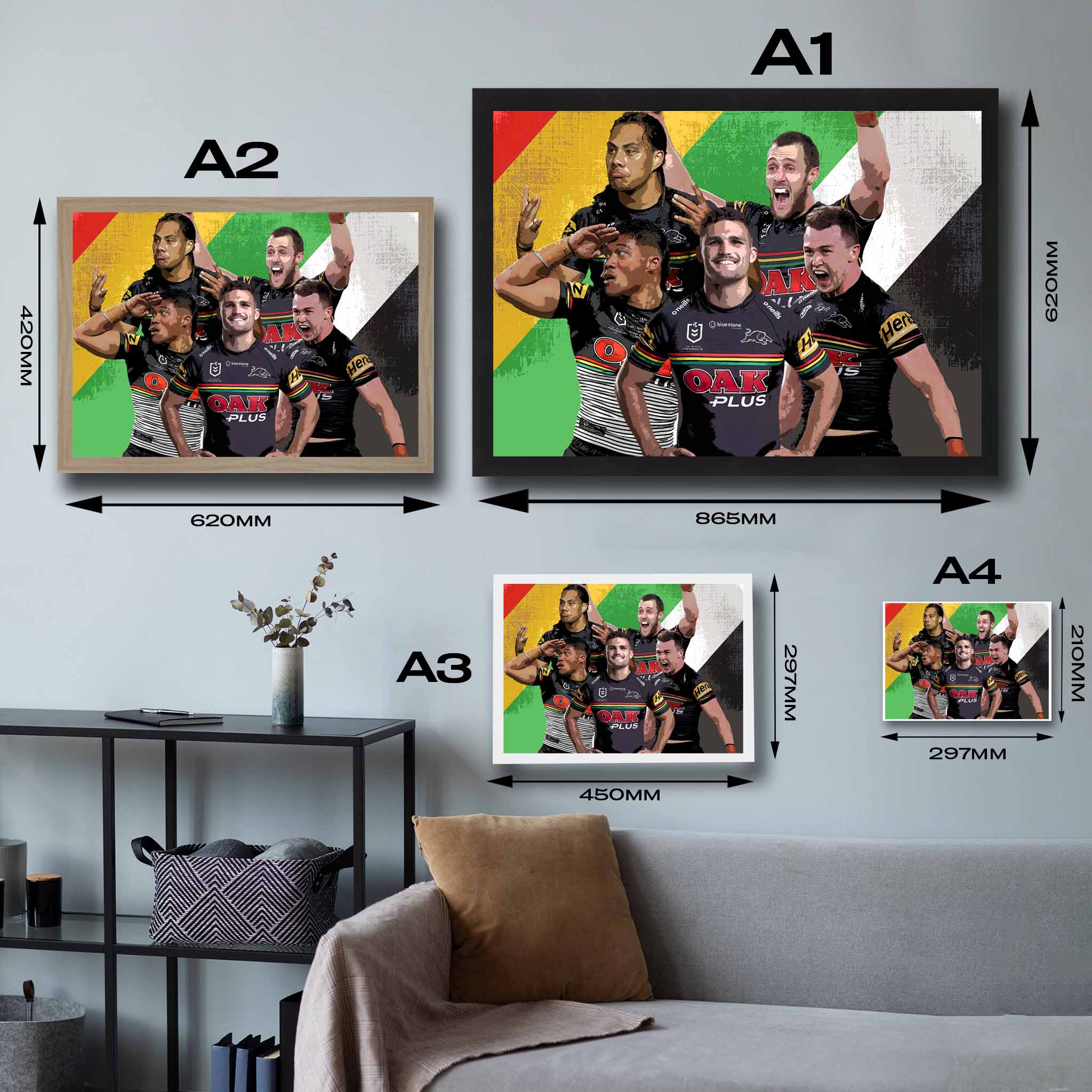 Visual representation of Penrith panthers framed art size options, ranging from A4 to A2, for selecting the right size for your space.