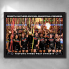 Black framed NRL art featuring the 2023 NRL Premiers the Penrith Panthers Historic Three Peat Dynasty - Artwork by Sports Cave.