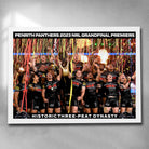 Elegant white framed NRL art featuring the 2023 NRL Premiers the Penrith Panthers Historic Three Peat Dynasty - Artwork by Sports Cave.